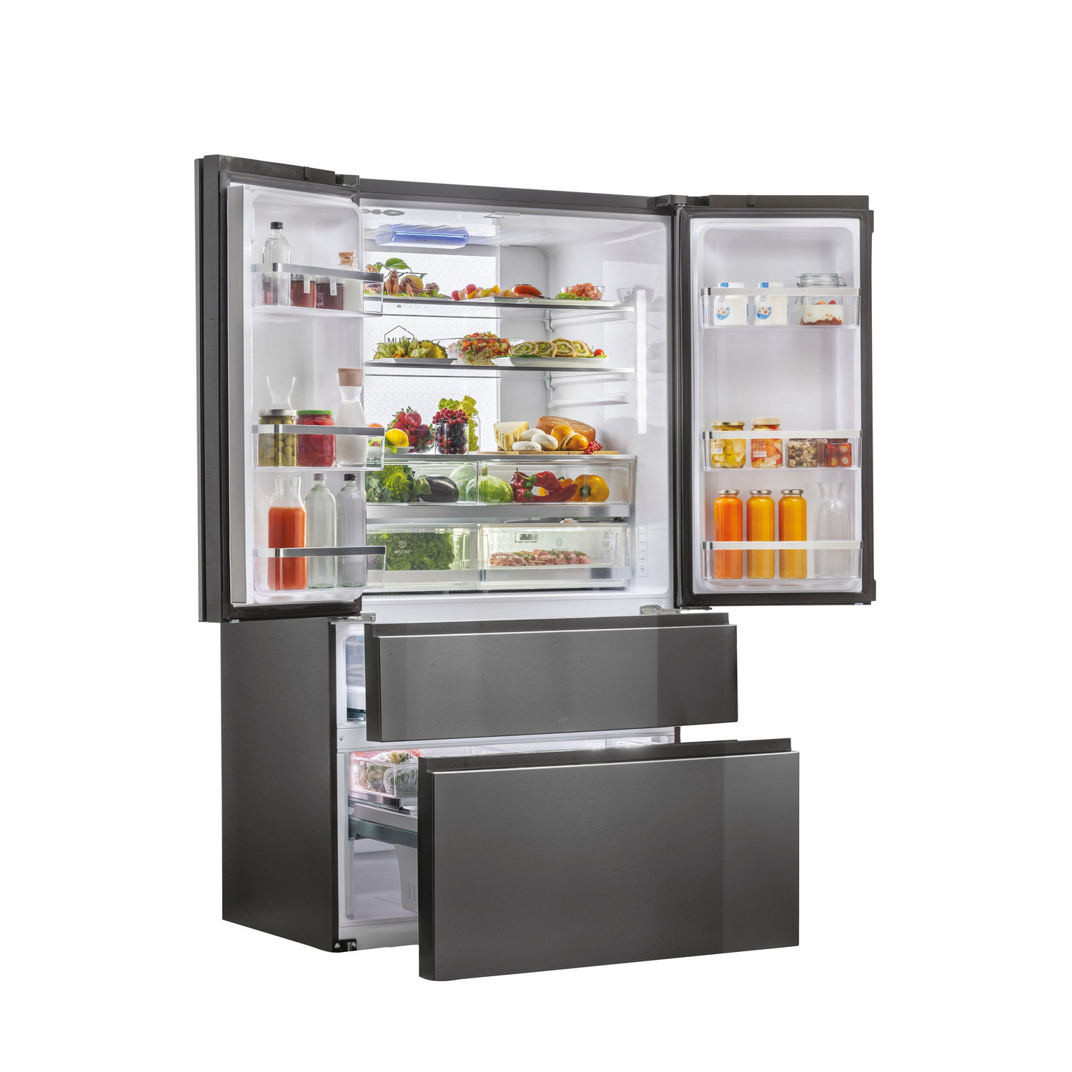 Interior de un refrigerador negro con comida visible en los compartimentos.