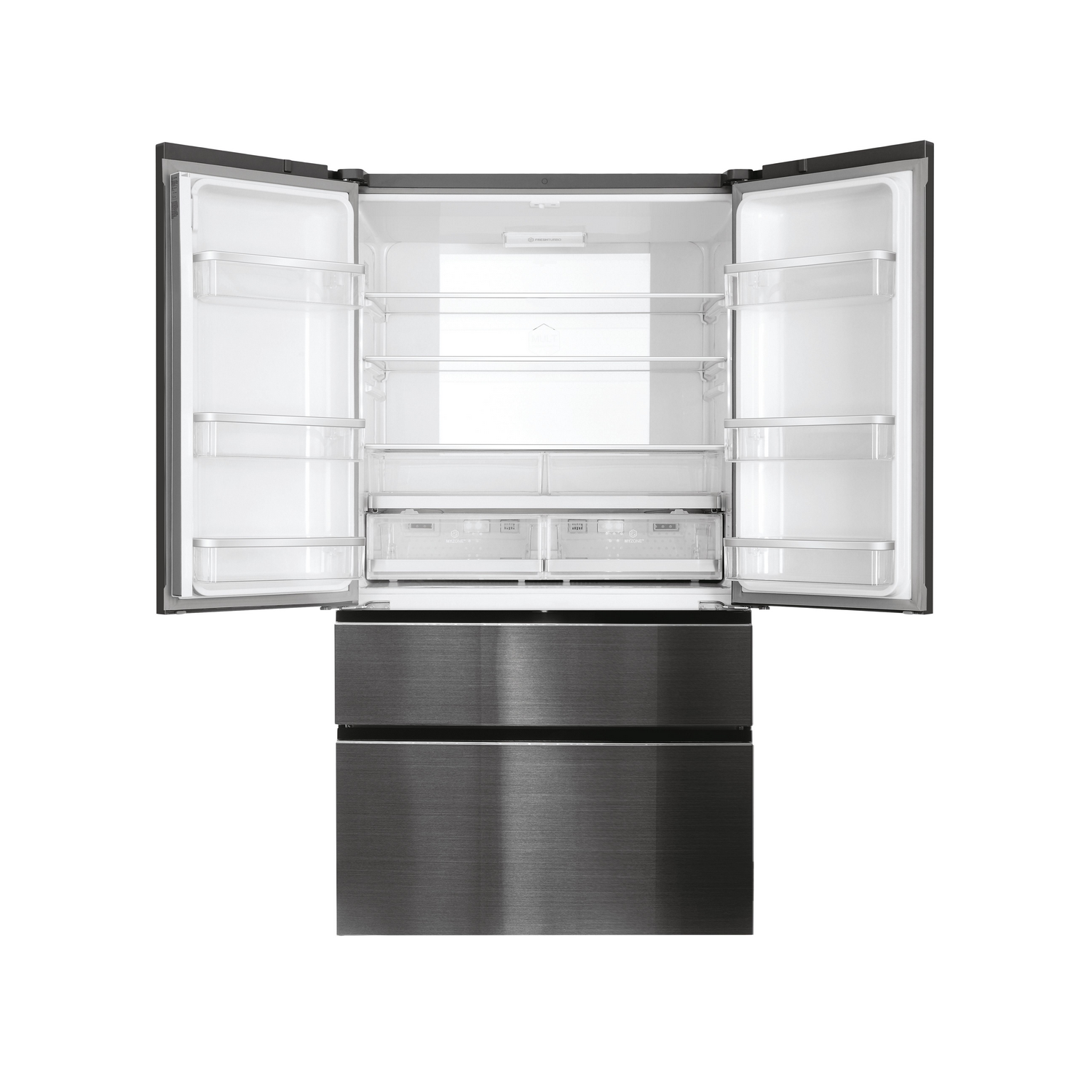Refrigerador abierto y vacío con dos puertas abiertas, que muestra estantes y cajones. El exterior es gris oscuro.