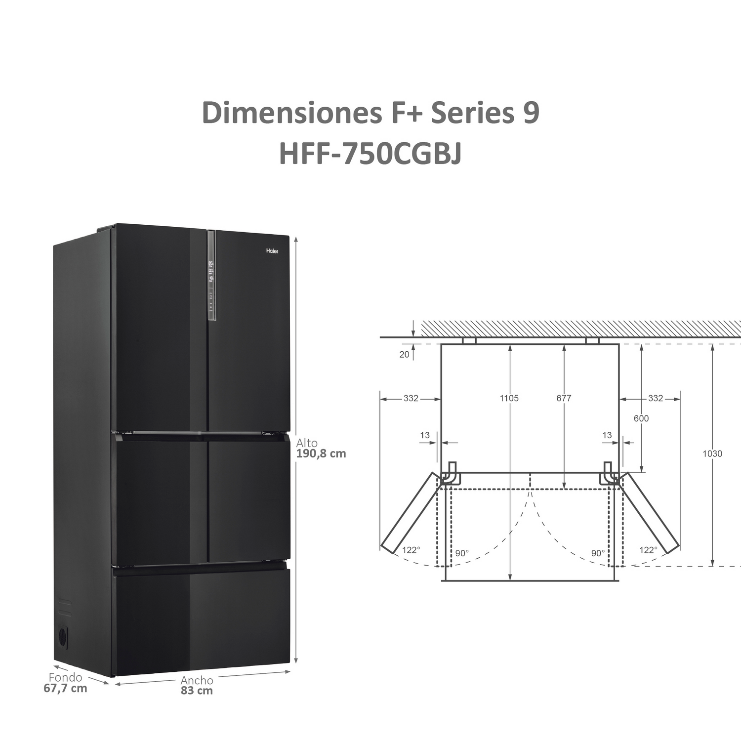 Un refrigerador negro con dimensiones. El dibujo muestra ángulos de apertura.