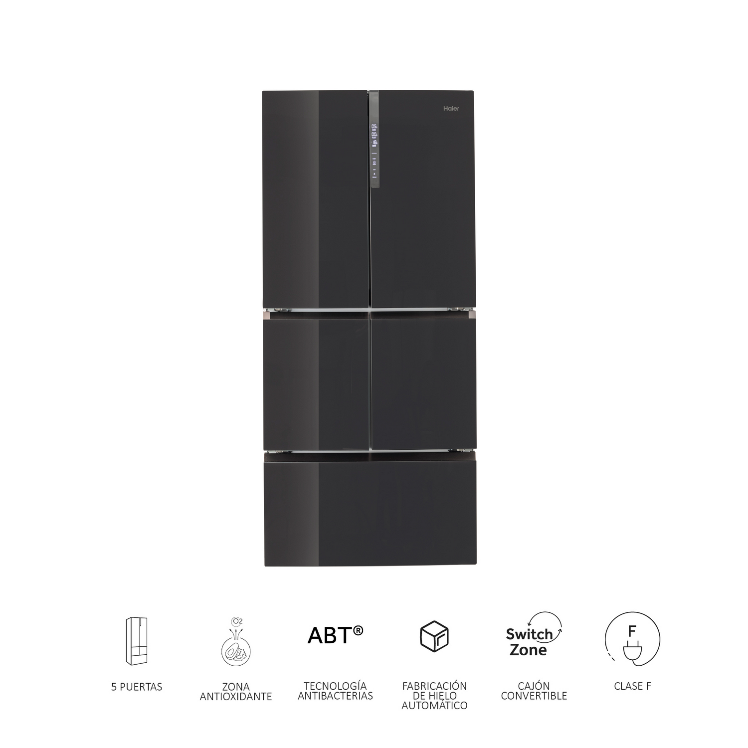 Refrigerador negro con cuatro puertas y pantalla digital, sobre fondo blanco.