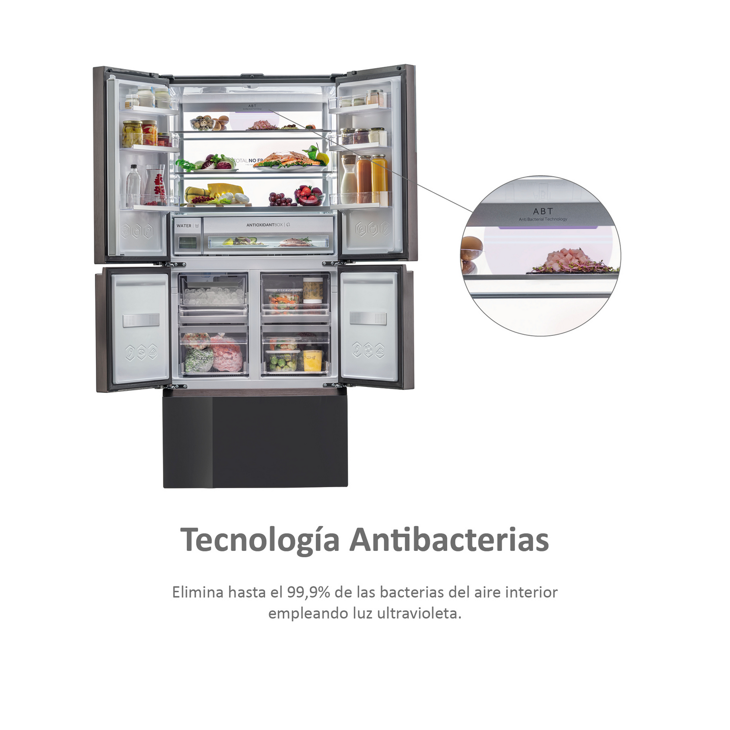 Refrigerador, puertas abiertas, con alimentos e información antibacteriana.