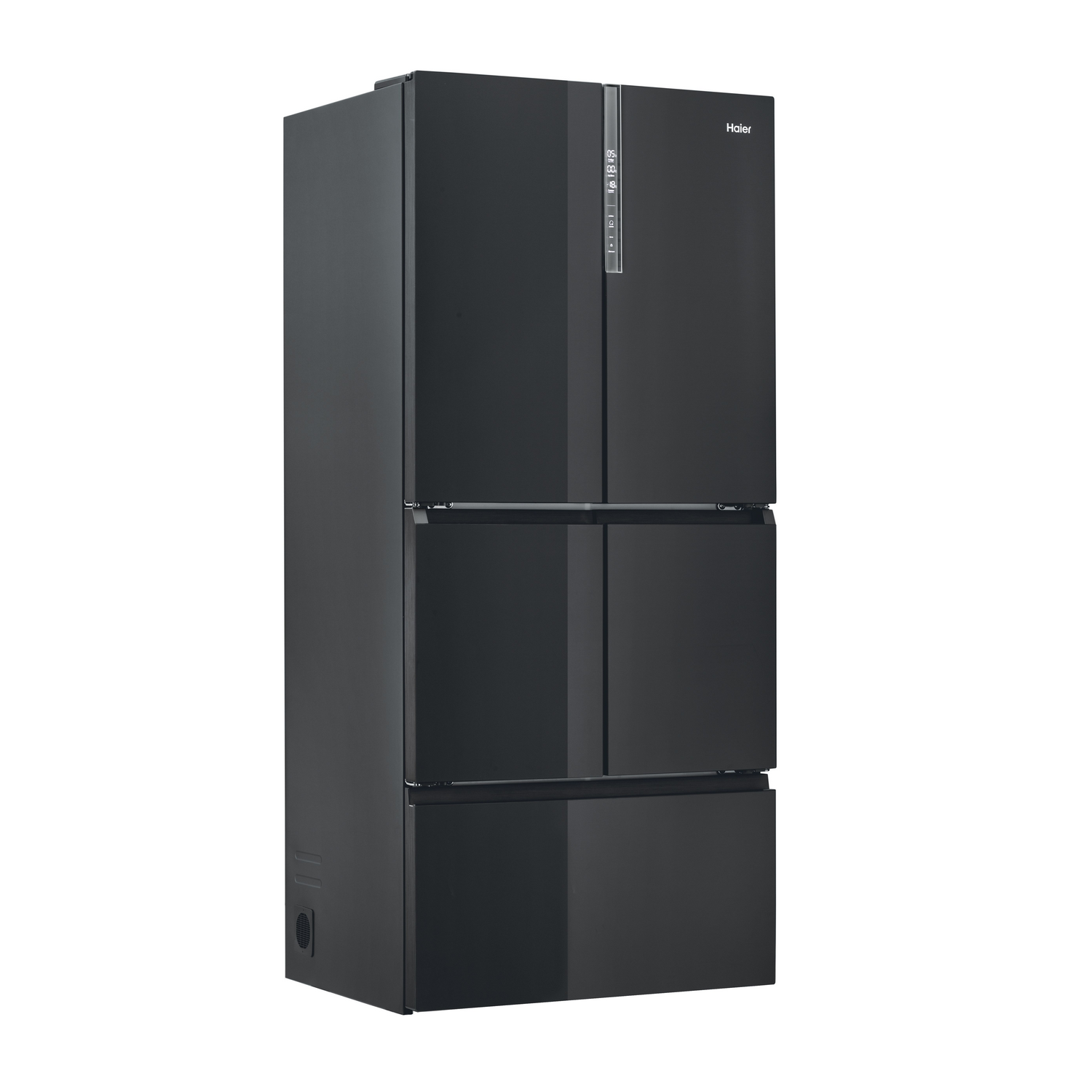 Un frigorífico Haier negro con cuatro puertas. Tiene una pantalla digital en la puerta superior derecha.