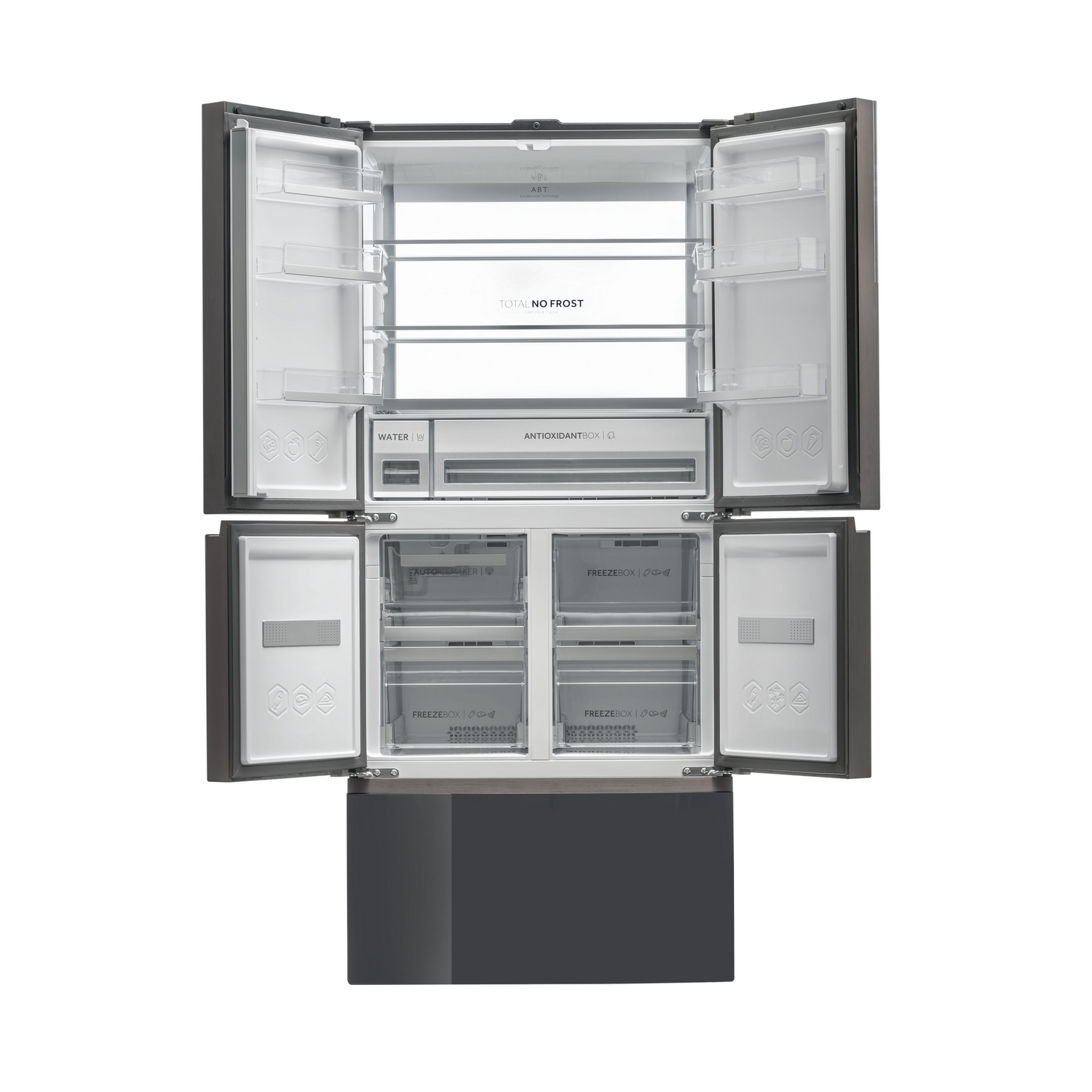Refrigerador abierto con múltiples compartimentos, que muestra estantes y cajones.