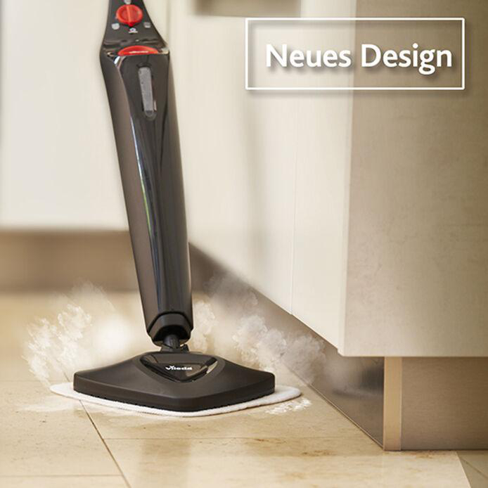 Ein schwarzer Dampfmopp auf einem Fliesenboden. Text: Neues Design.