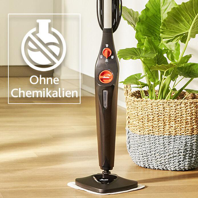 Dampfmopp mit dem Text 'Ohne Chemikalien' auf einem Holzboden.
