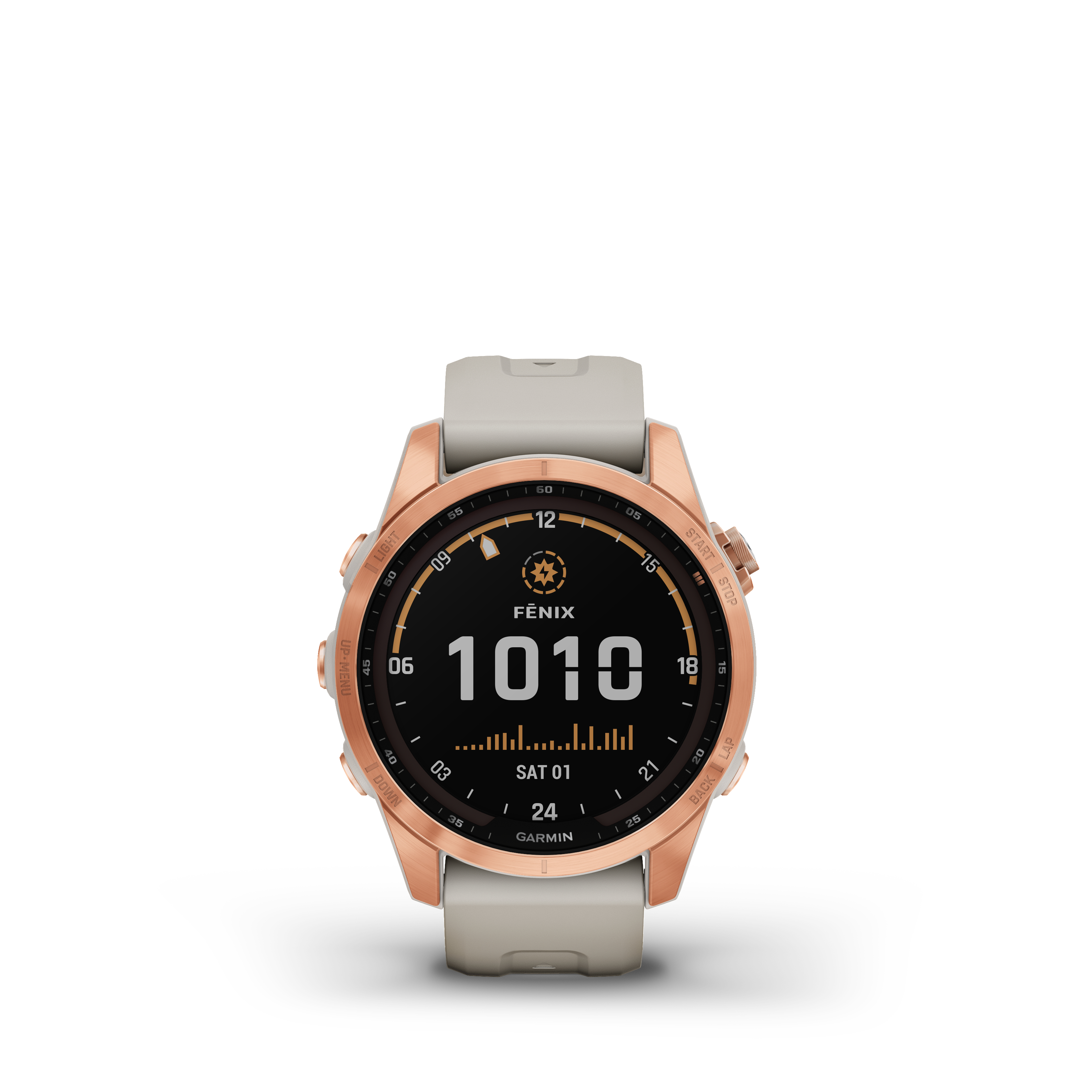 Garmin Fenix Uhr mit roségoldener Lünette auf weißem Hintergrund.