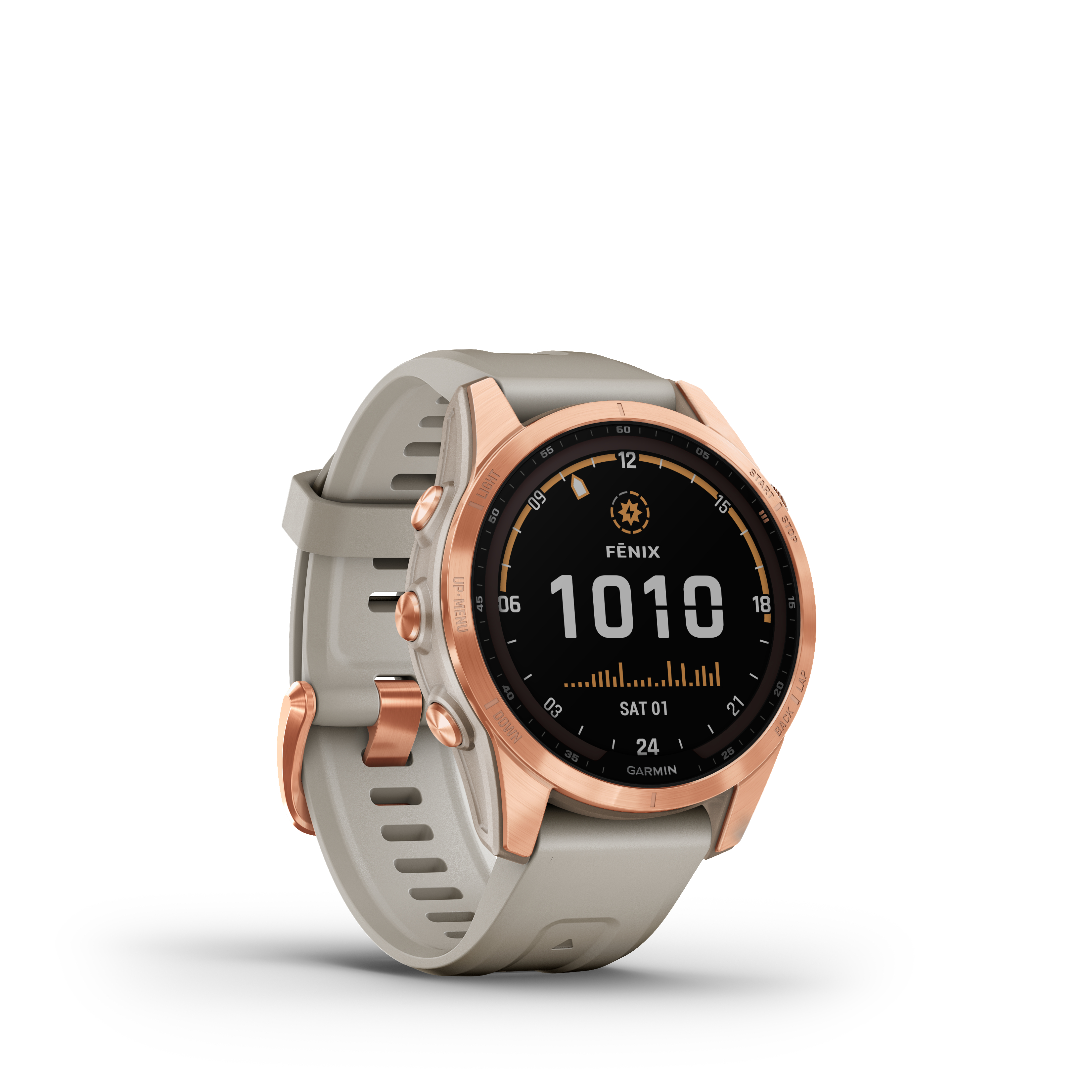 Garmin Fenix Smartwatch in Grau und Roségold. Der Bildschirm zeigt Zeit und andere Daten.