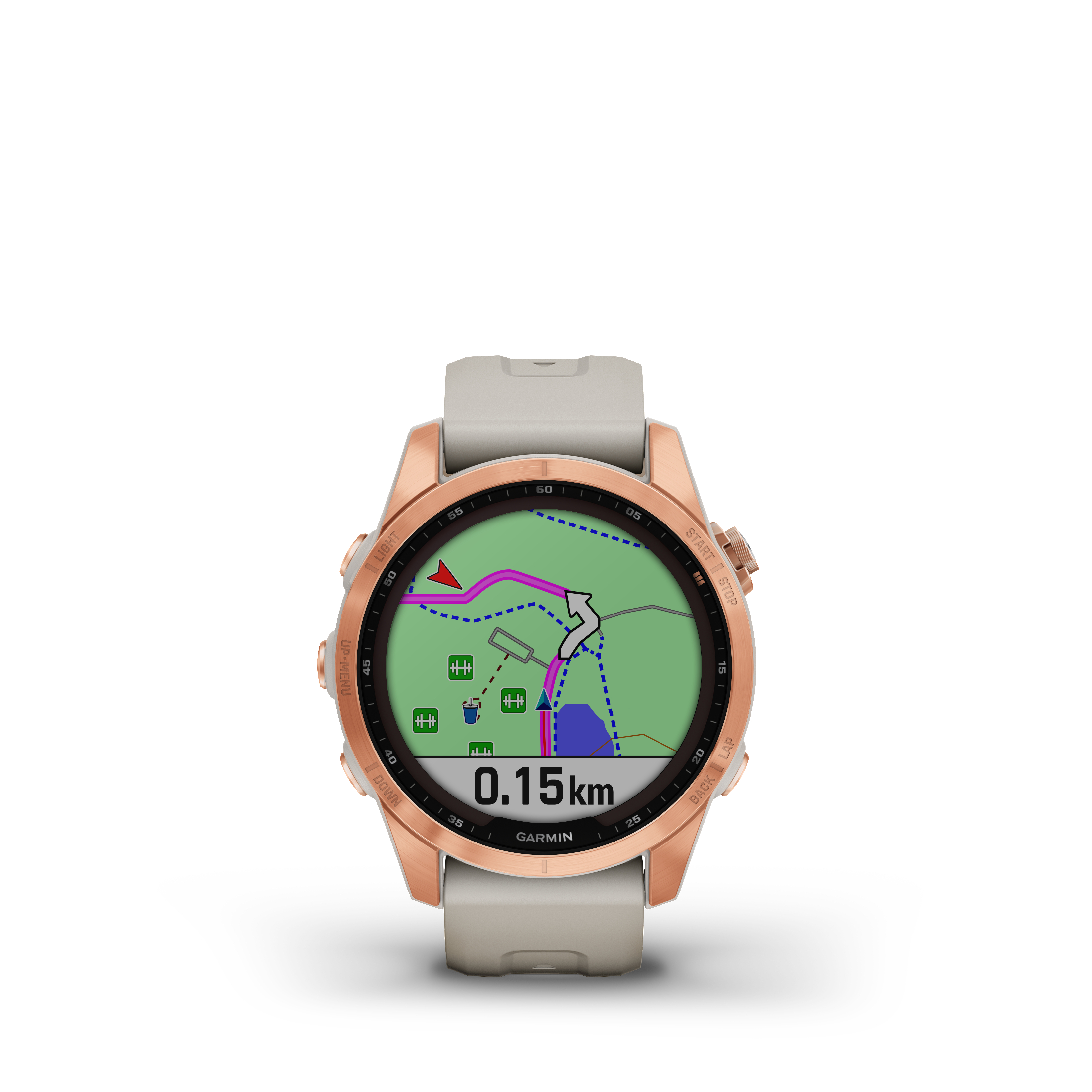 Eine Smartwatch mit Karte auf dem Bildschirm, weißes und roségoldenes Gehäuse.