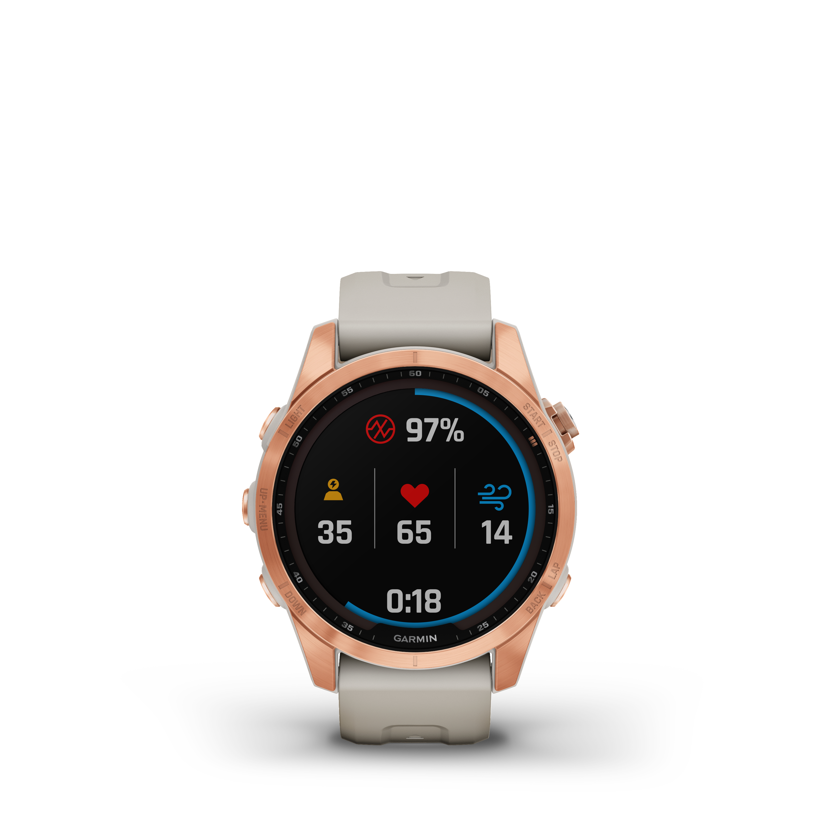 Smartwatch mit Daten auf dem Bildschirm. Zeigt Herzfrequenz, Aktivität und einen Prozentsatz an.