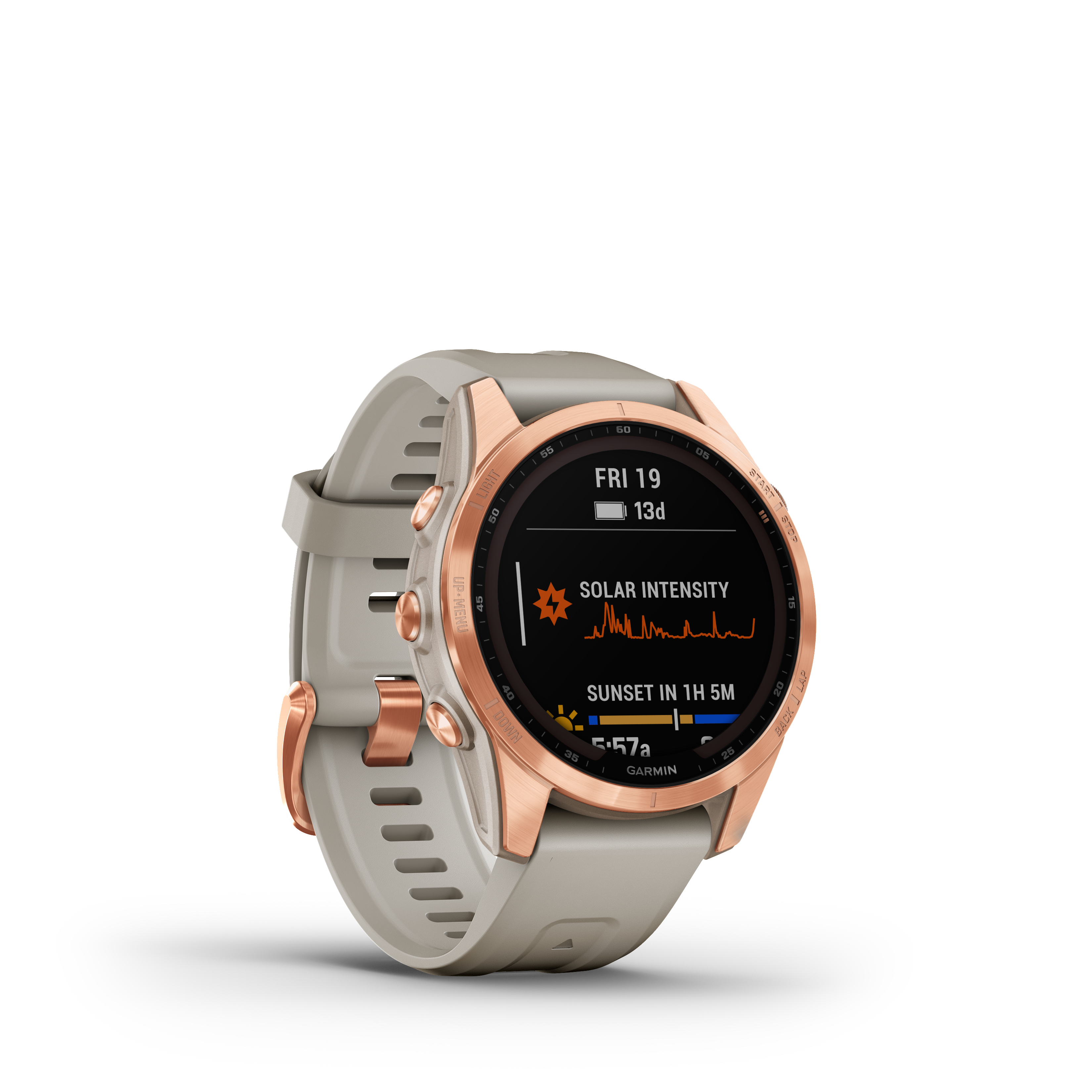 Eine Smartwatch mit cremefarbenem Armband und roségoldfarbenem Gehäuse, zeigt Daten.