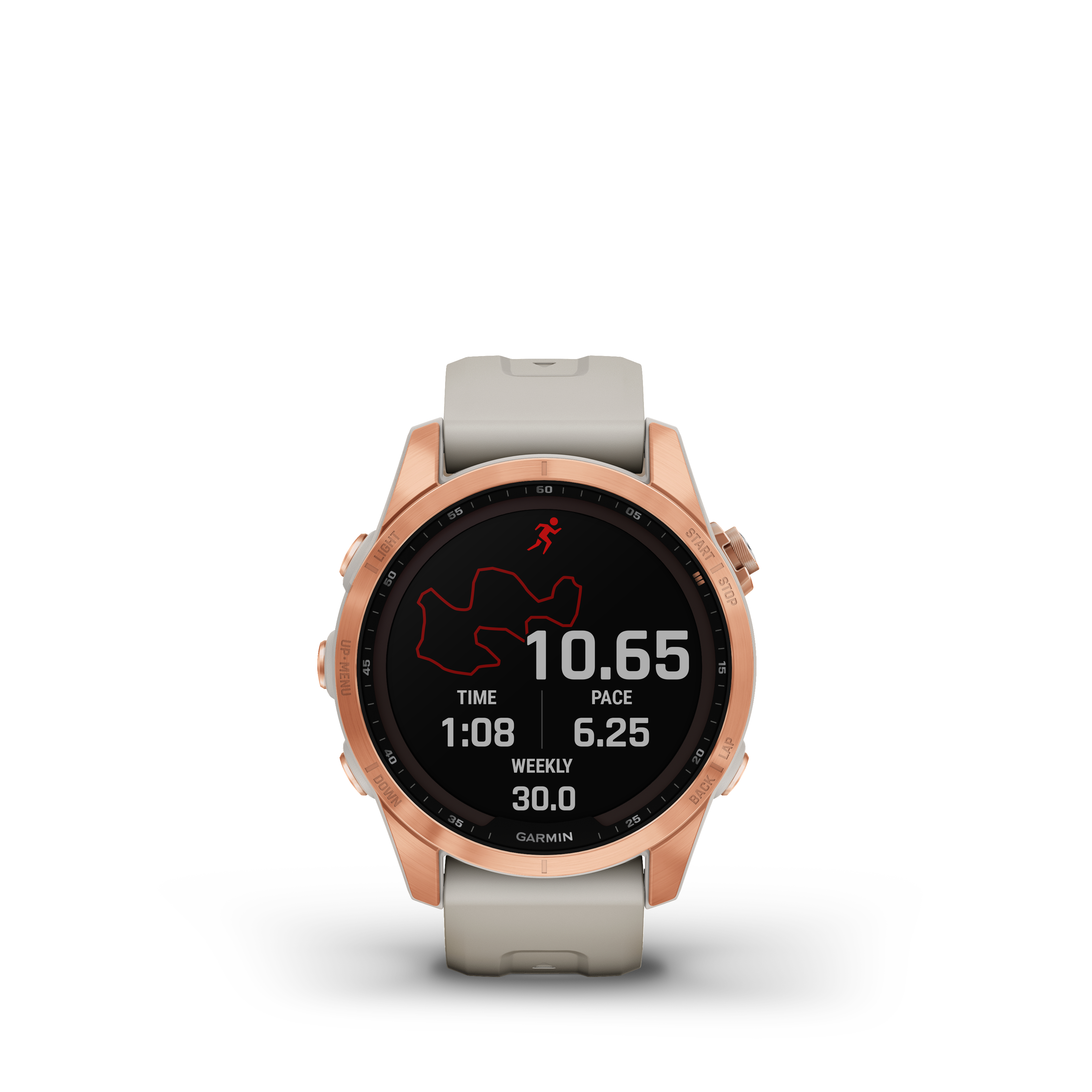 Eine roségoldene Smartwatch, die Zeit, Tempo und Trainingsdaten anzeigt.