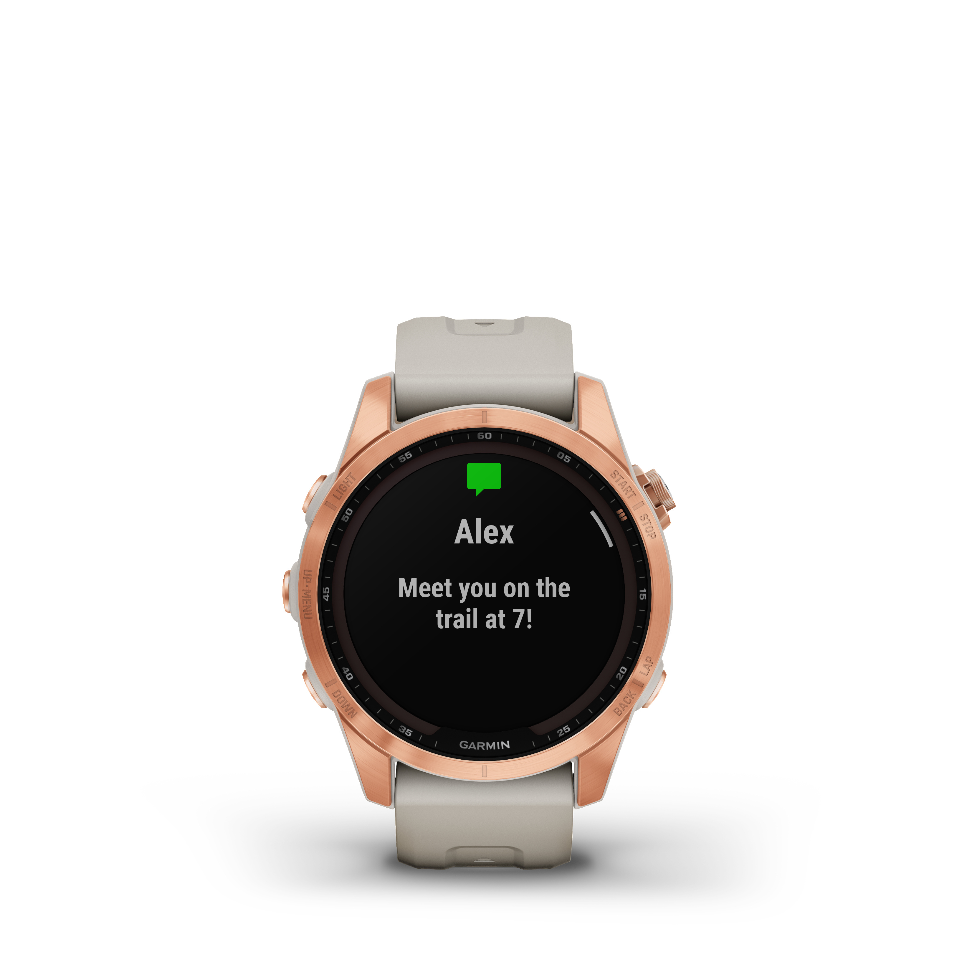 Smartwatch mit Nachricht von Alex: Wir treffen uns um 7! Roségold-Gehäuse, graues Band.