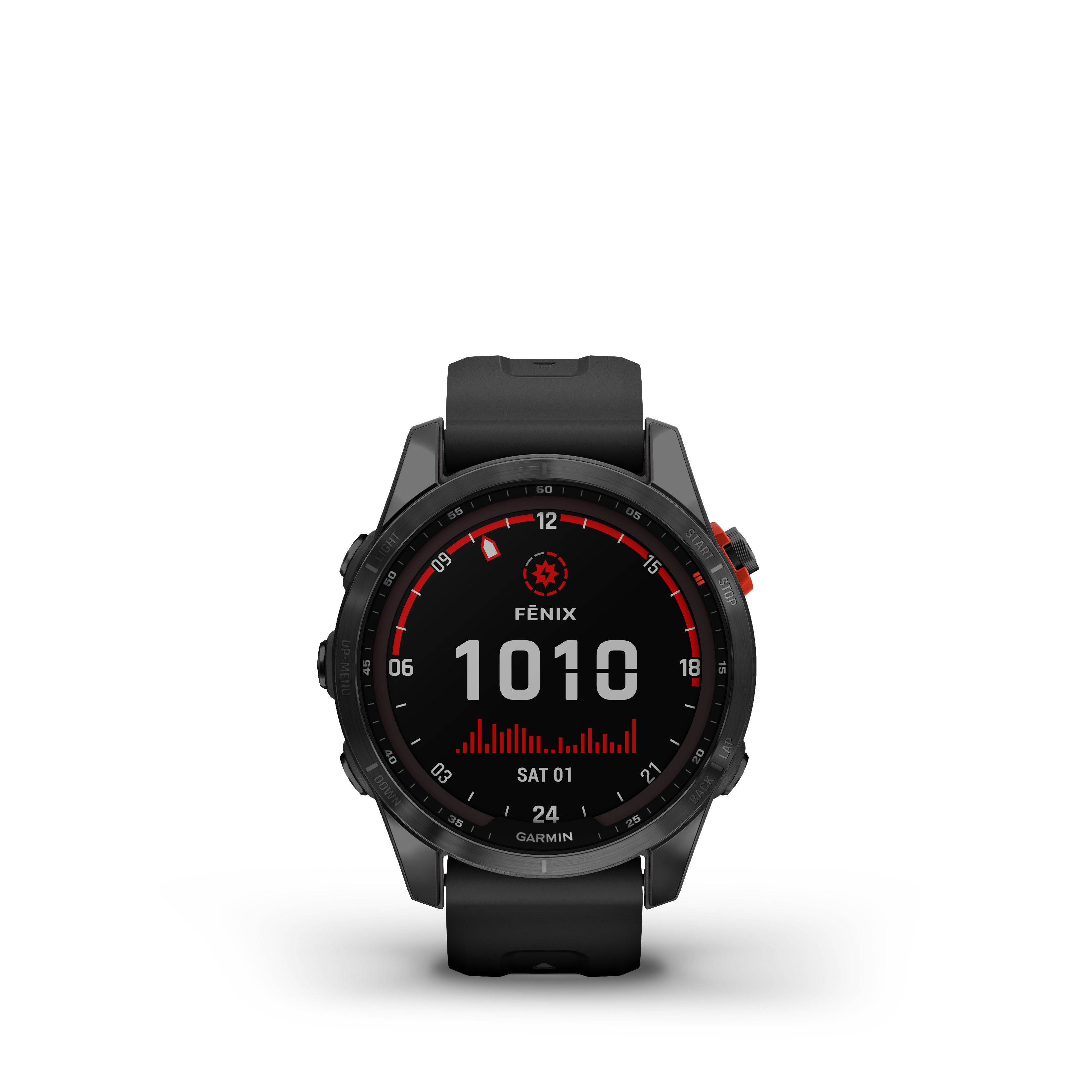 Schwarze Garmin Fenix Smartwatch, die Zeit, Datum und Herzfrequenzdaten auf schwarzem Hintergrund anzeigt.