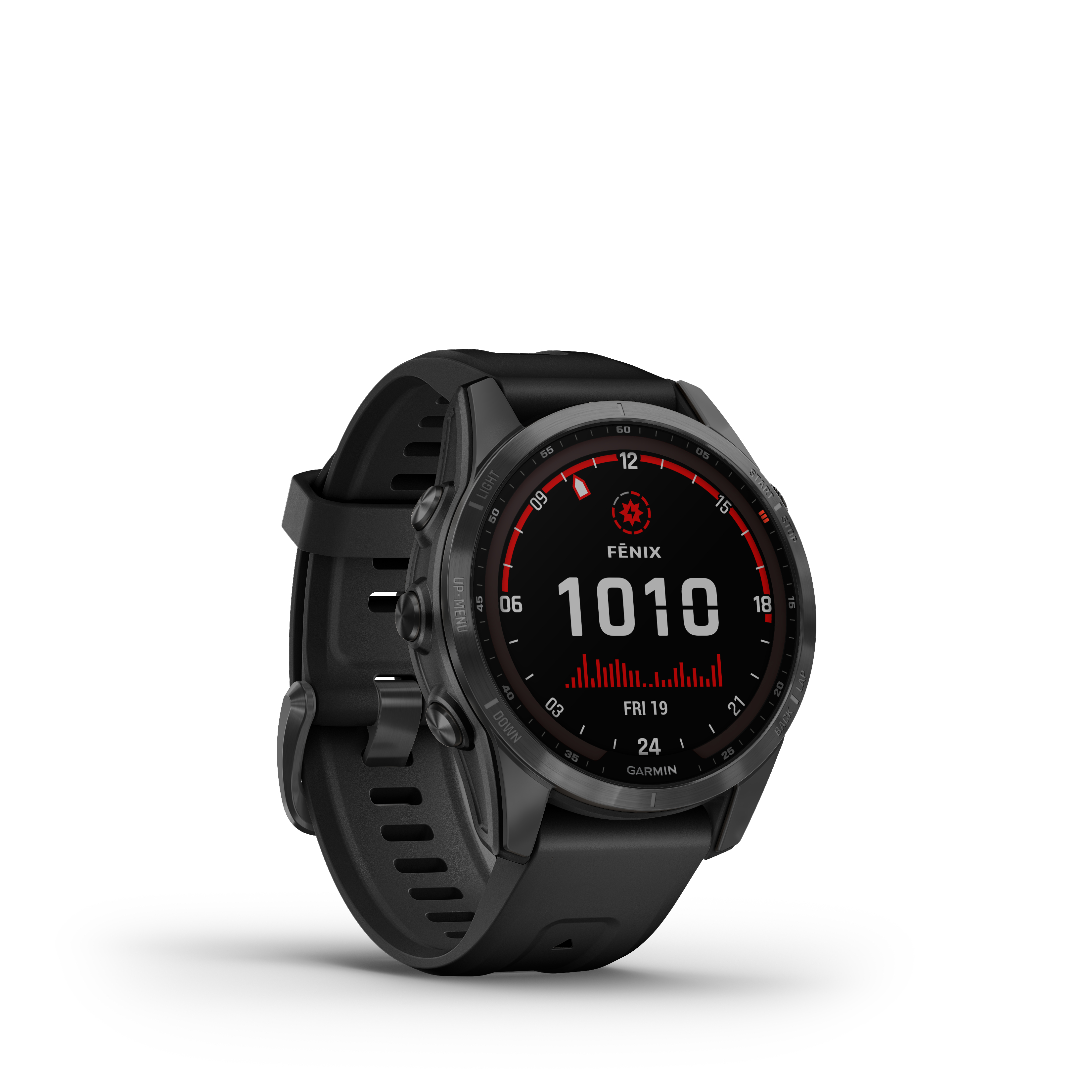 Schwarze Garmin Fenix Uhr, die Zeit, Datum und Herzfrequenzdaten auf einer weißen Oberfläche anzeigt.