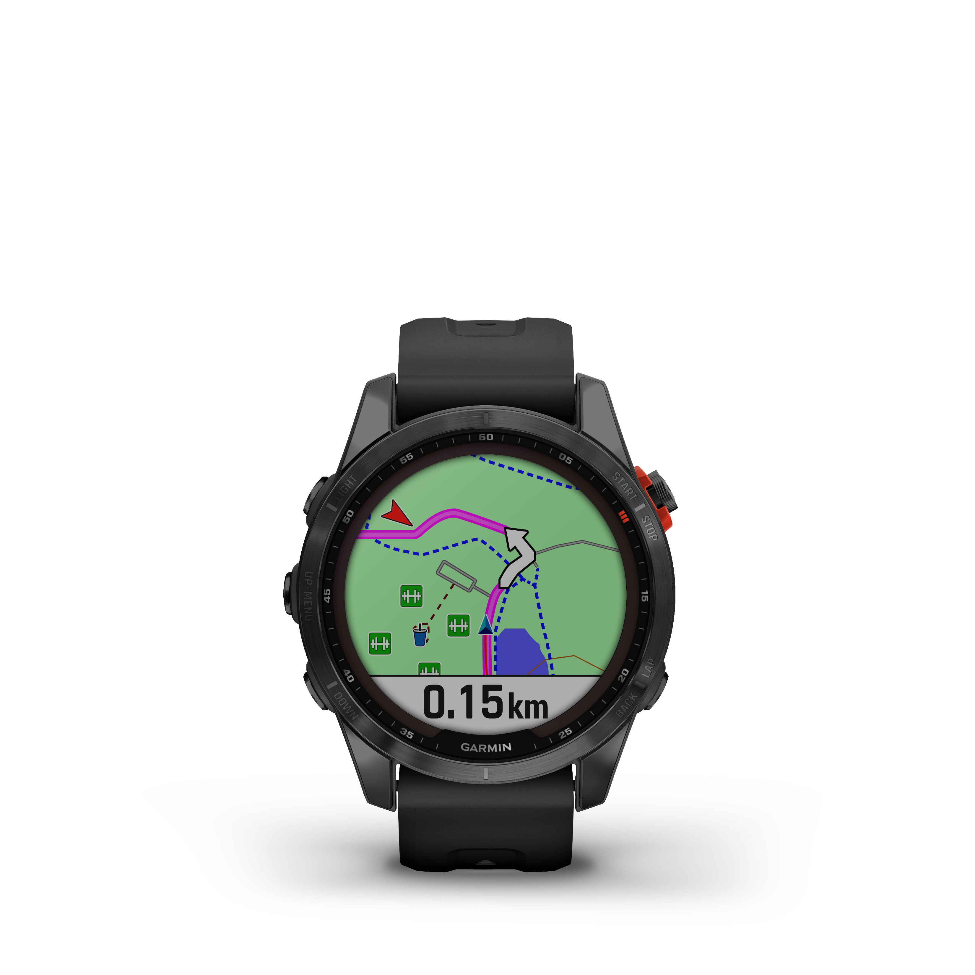 Eine Garmin Smartwatch, die eine Karte und Entfernung anzeigt. Sie hat ein schwarzes Armband und einen roten Knopf.