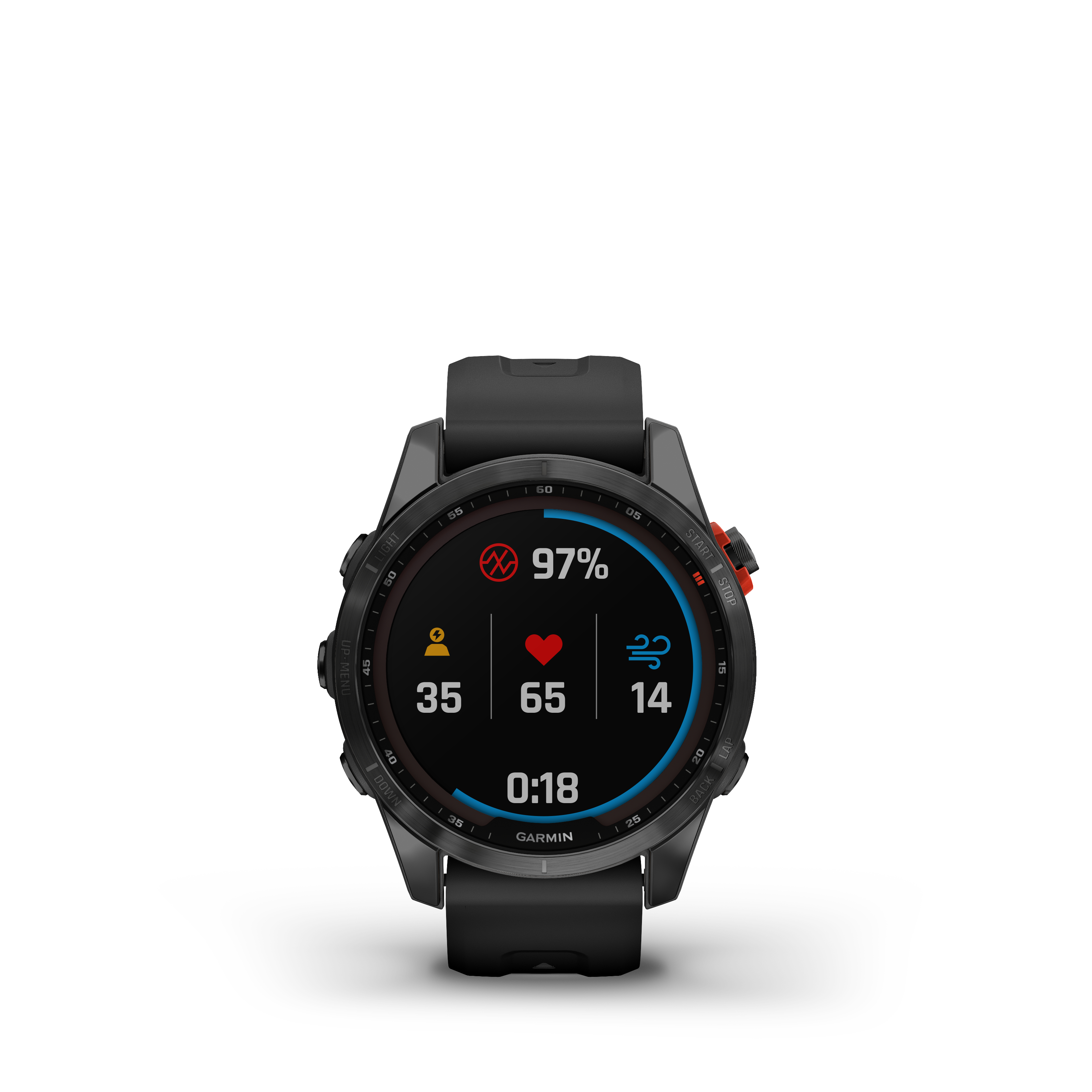 Schwarze Smartwatch mit Herzfrequenzmesser und anderen Daten auf dem Bildschirm. Zeigt 97 % Akku an.