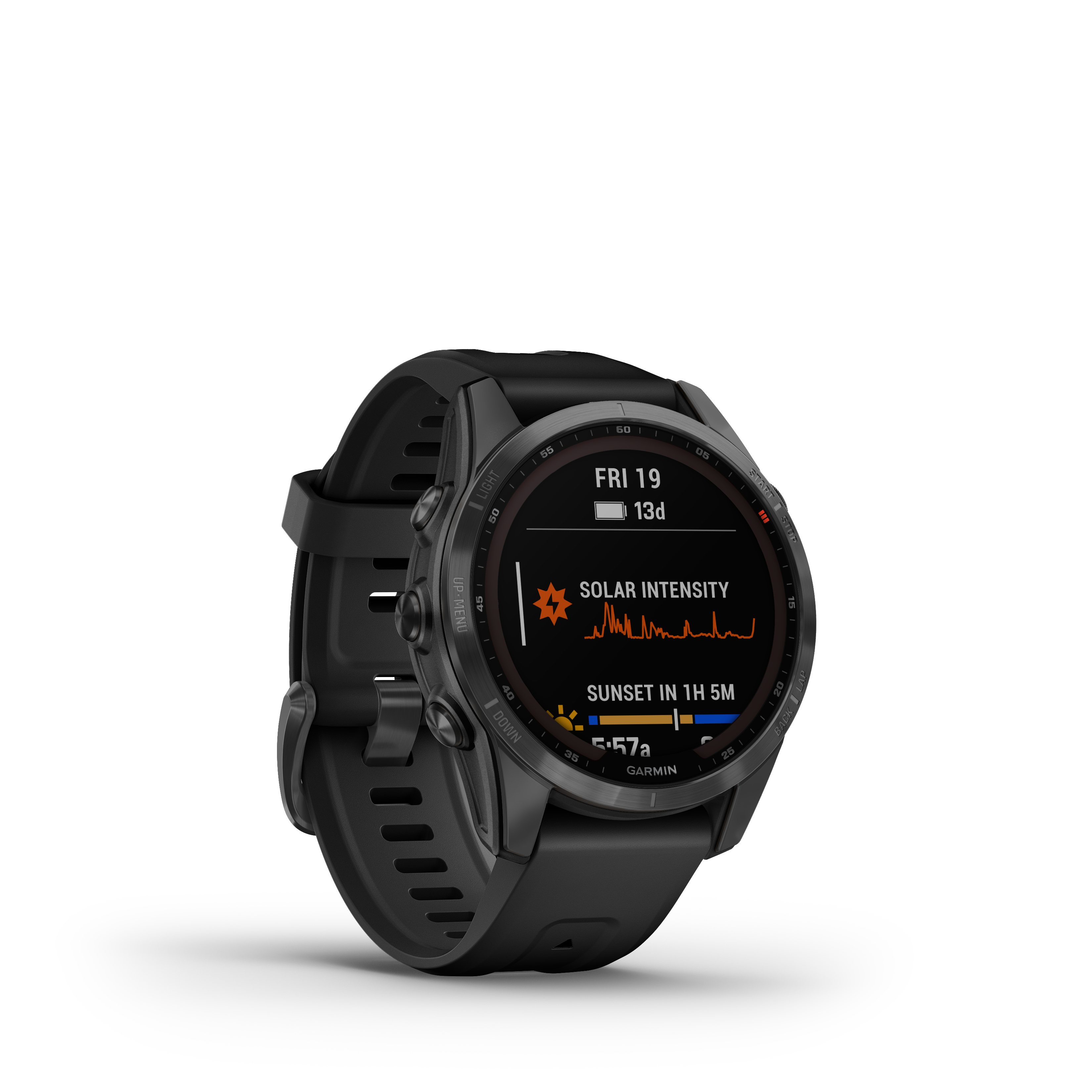 Schwarze Smartwatch mit Anzeige von Zeit, Solarintensität und Sonnenuntergangs-Countdown.