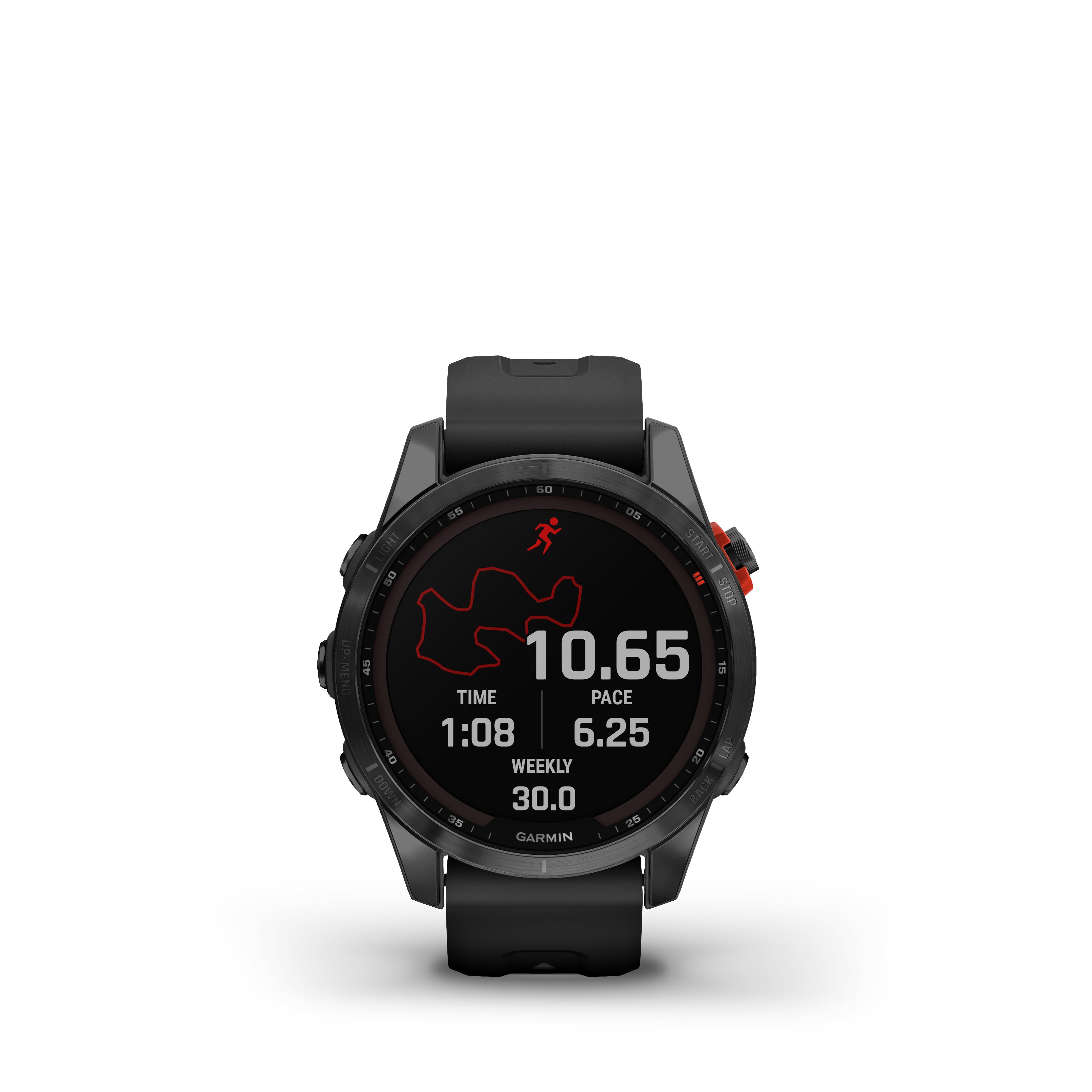 Eine schwarze Garmin-Uhr, die Zeit, Tempo und eine Karte einer Laufstrecke anzeigt.