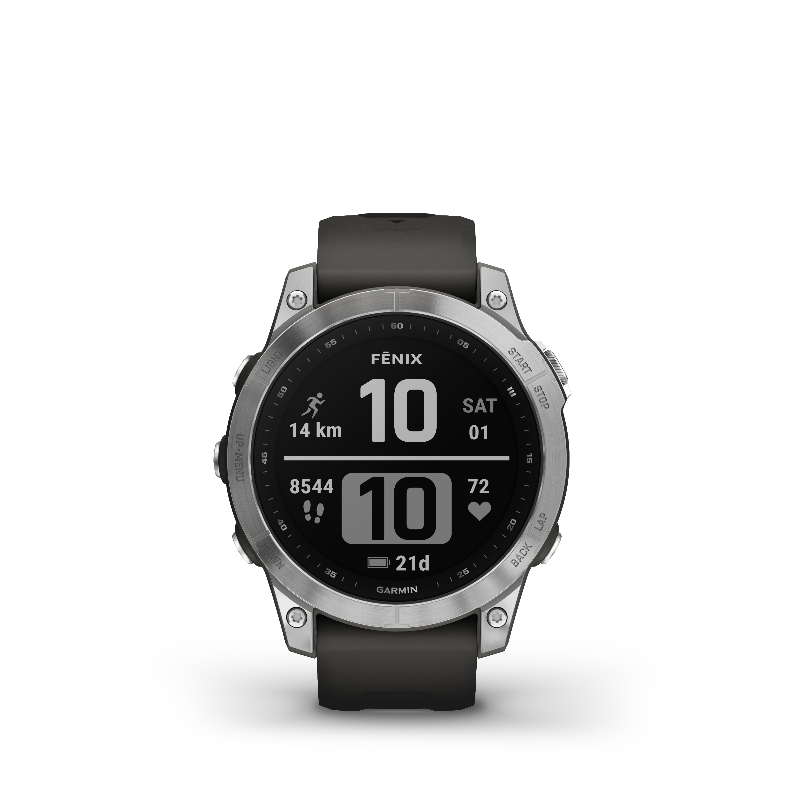 Garmin Fenix Uhr zeigt Zeit, 14 km, Schritte, Herzfrequenz und Datum auf weißem Hintergrund.