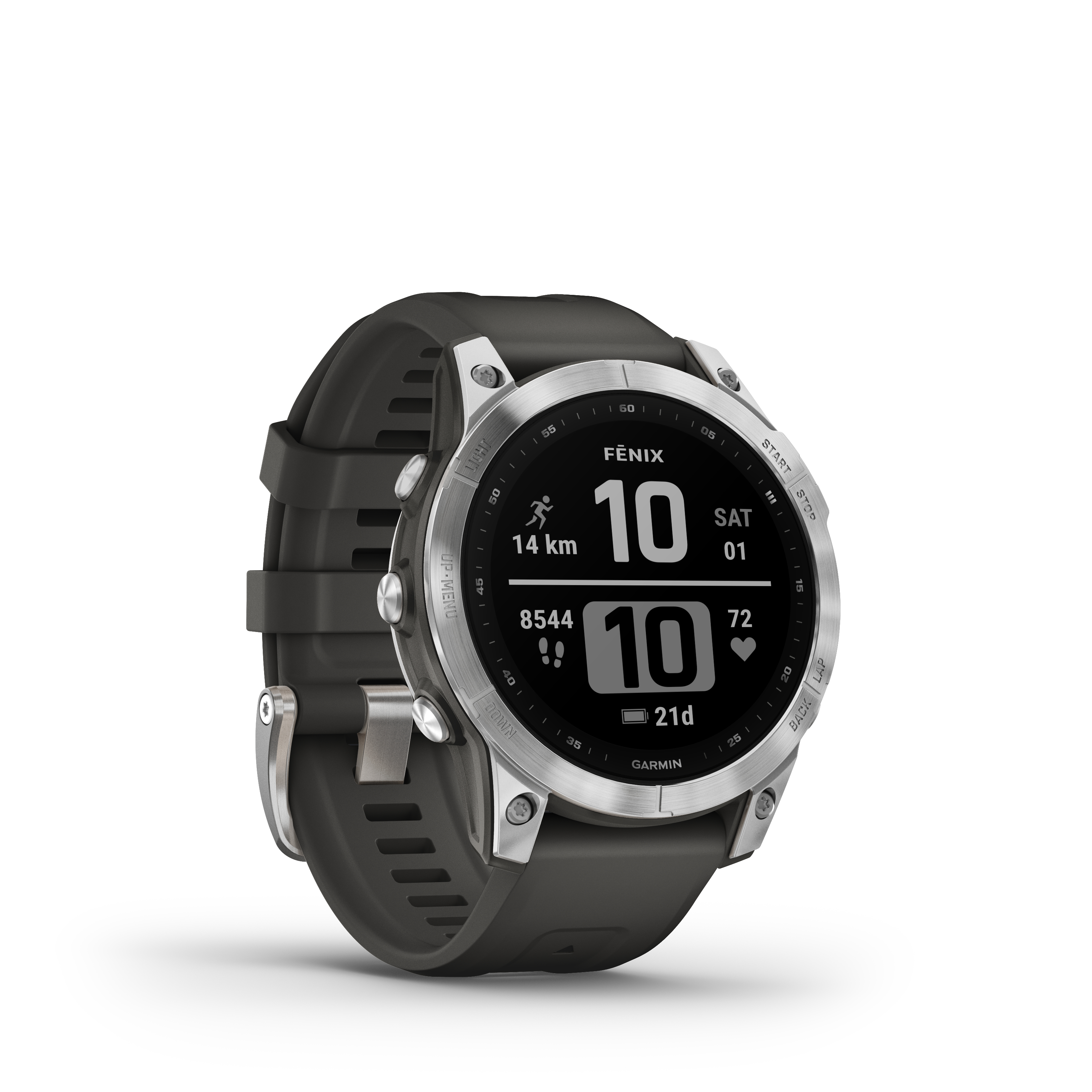 Eine schwarze Smartwatch, die Daten anzeigt. Die Uhr hat eine Metalllünette und ein dunkelgraues Armband.