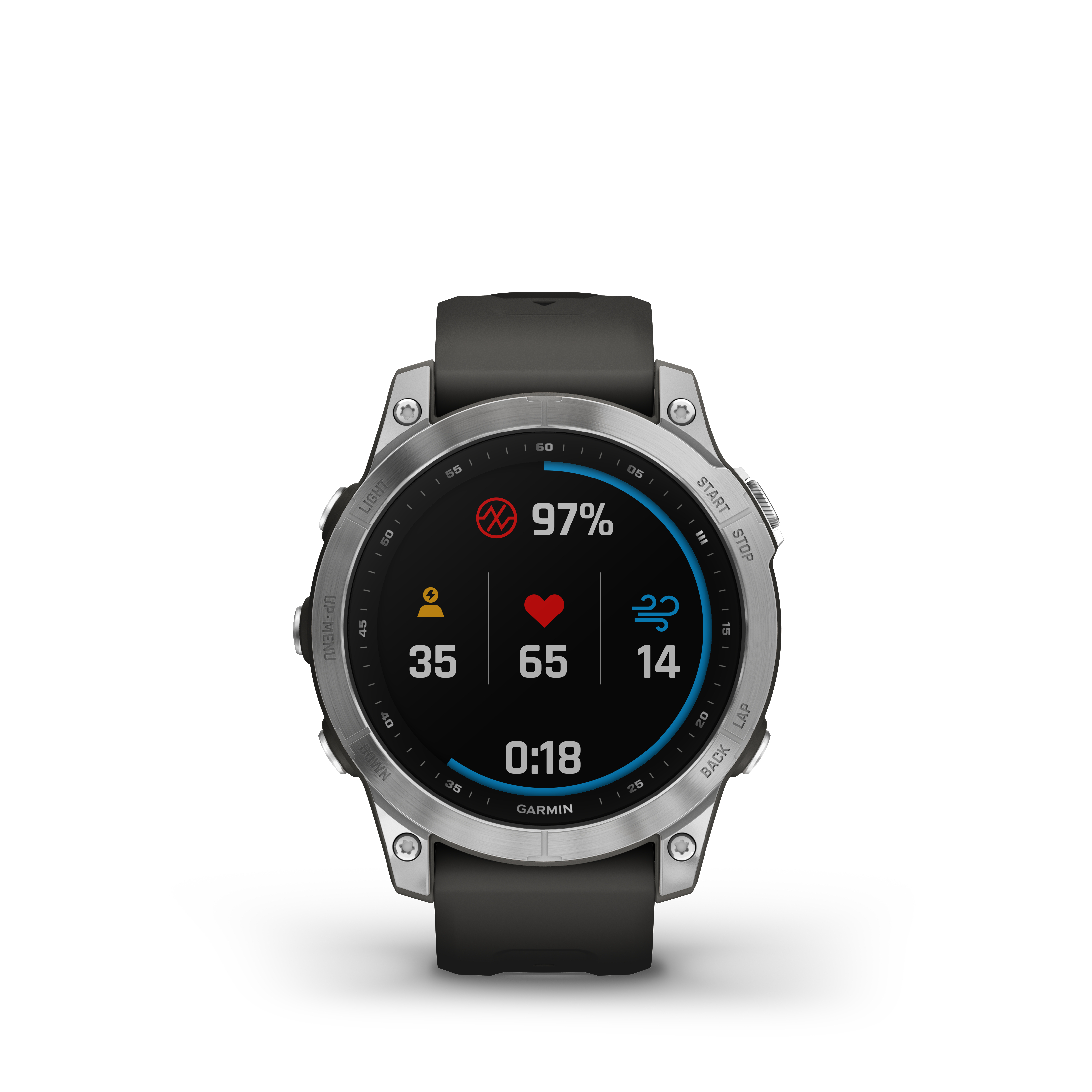 Eine Smartwatch mit schwarzem Armband zeigt Gesundheitsmetriken an. Der Bildschirm zeigt Herzfrequenz, Zeit und Aktivitätsdaten.