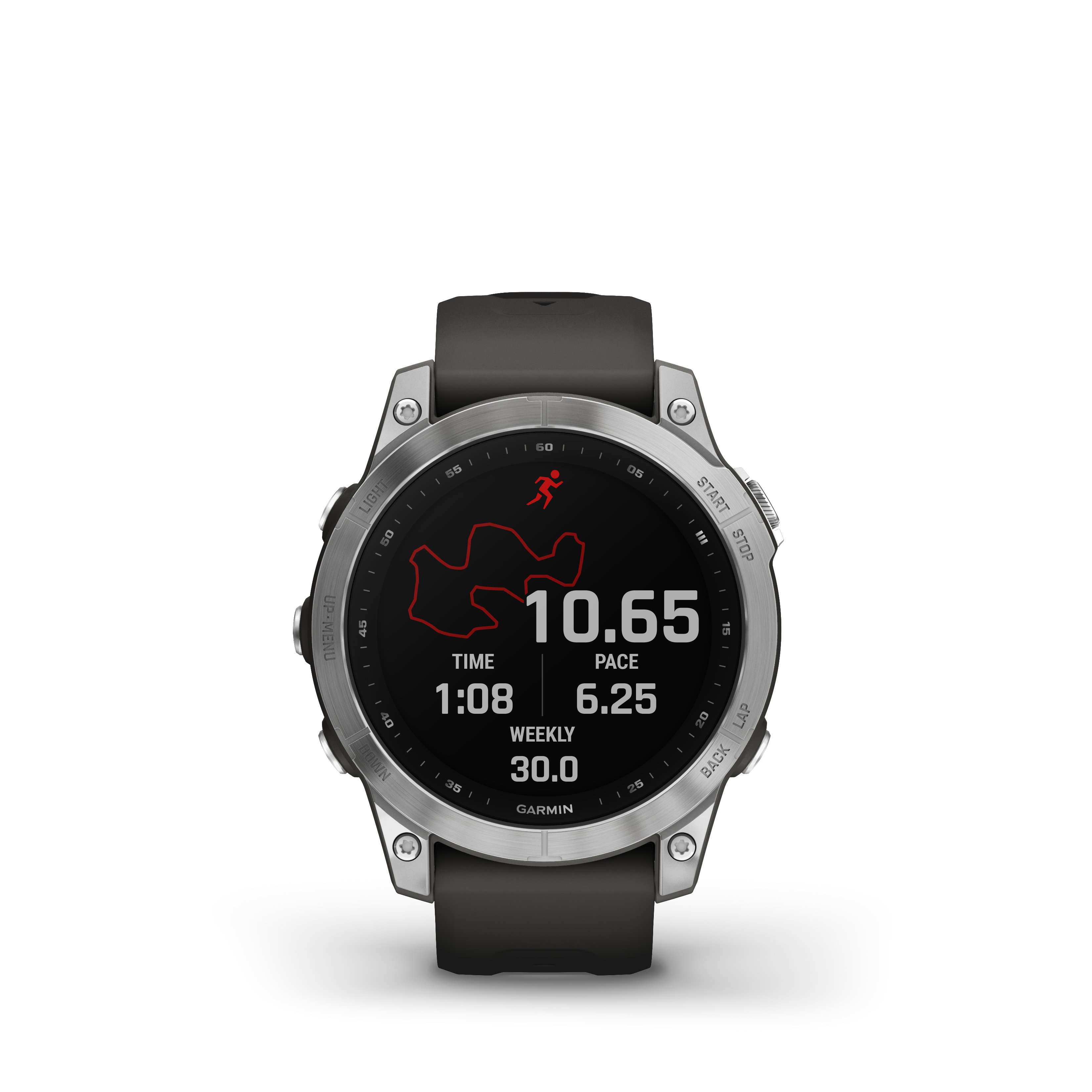 Eine Garmin-Uhr, die eine Laufkarte anzeigt. Zeigt Zeit, Tempo, Wochenkilometer und aktuelle Daten.