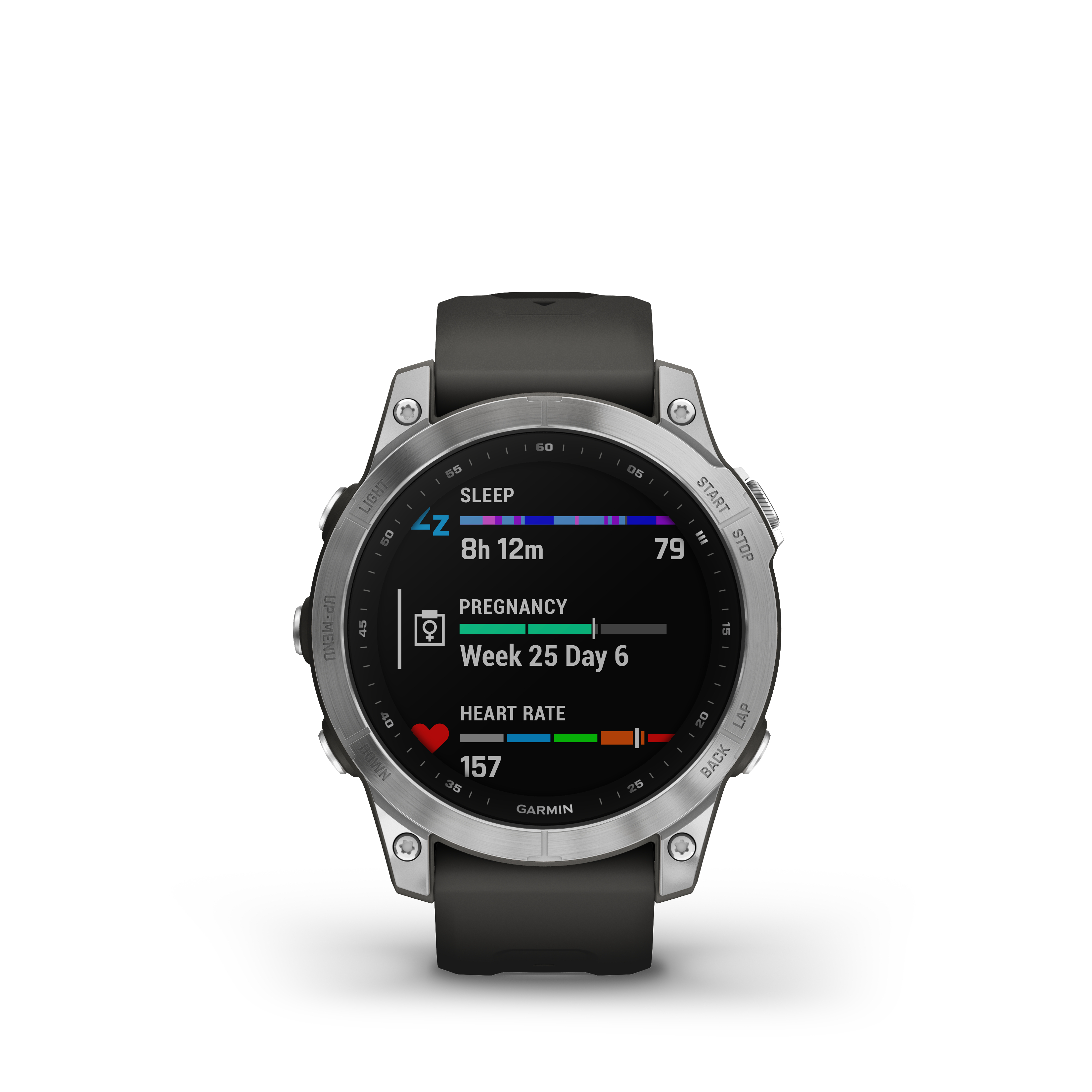 Eine Smartwatch mit Schwangerschaftsinformationen wird angezeigt. Sie hat Herzfrequenz und Wochennummer.