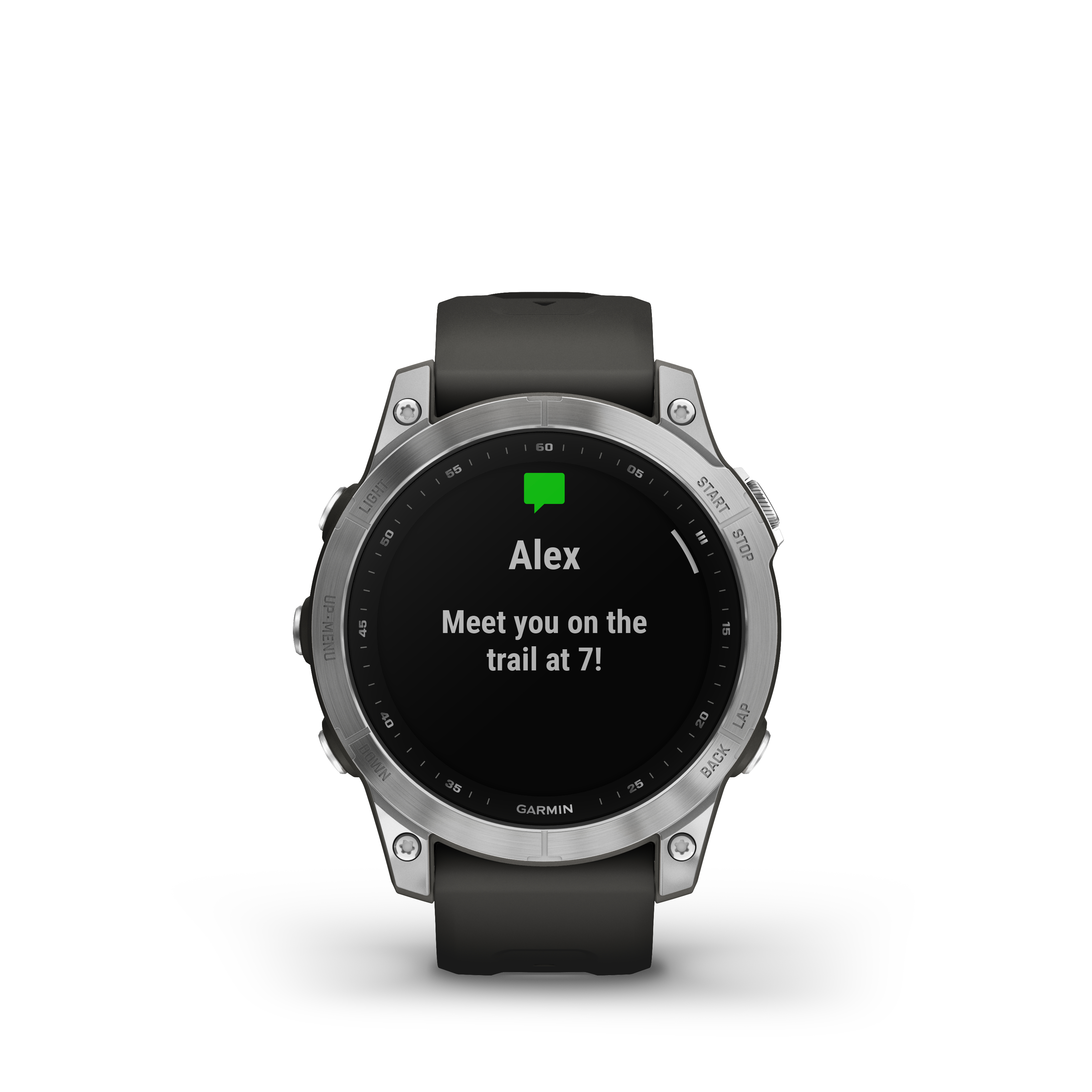 Eine Smartwatch zeigt eine Nachricht von Alex: Treffen uns um 7 auf dem Trail!