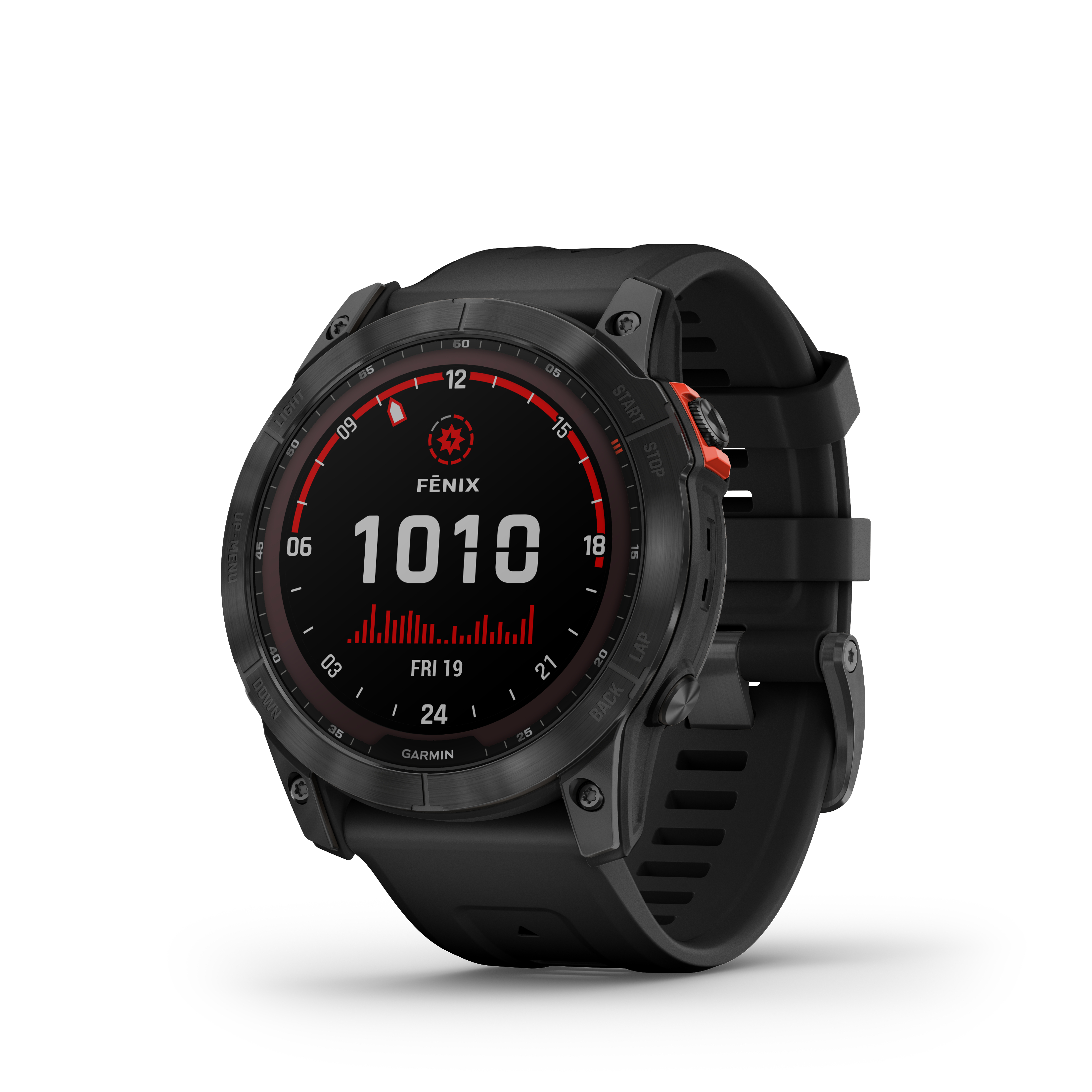 Smartwatch. Schwarzes, rundes Zifferblatt mit digitaler Anzeige, schwarzes Armband.