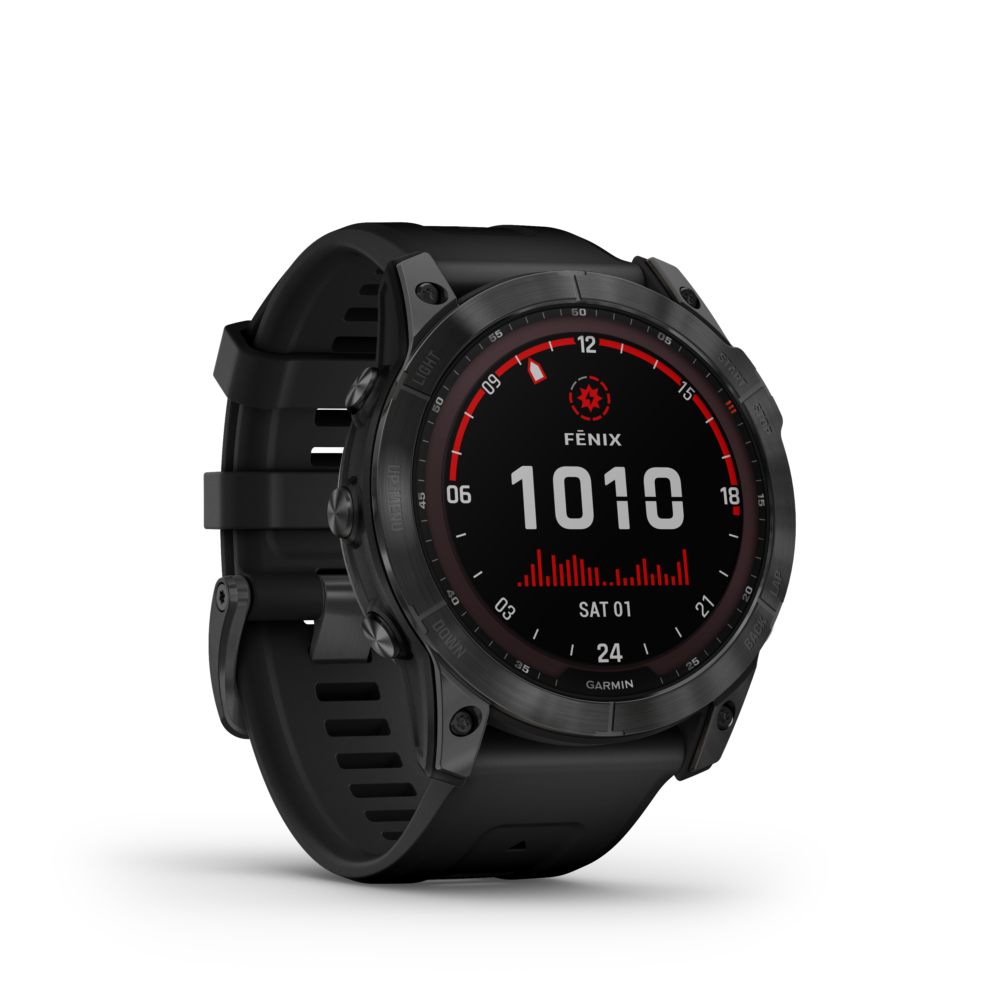 Schwarze Garmin Fenix Uhr zeigt Daten, auf weißem Hintergrund, mit schwarzen Armbändern.