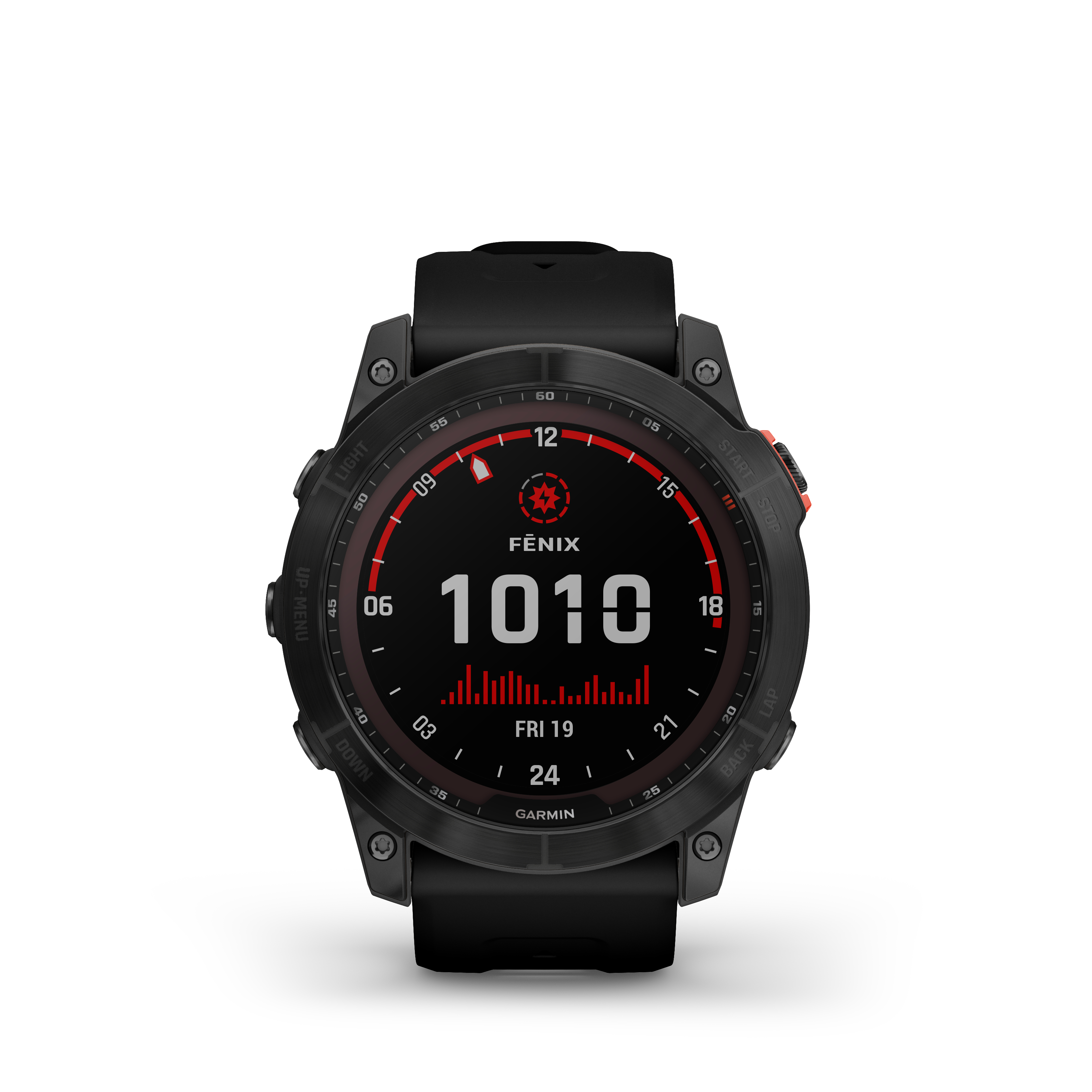 Schwarze Garmin Fenix Uhr zeigt Zeit, Datum und Herzfrequenz.