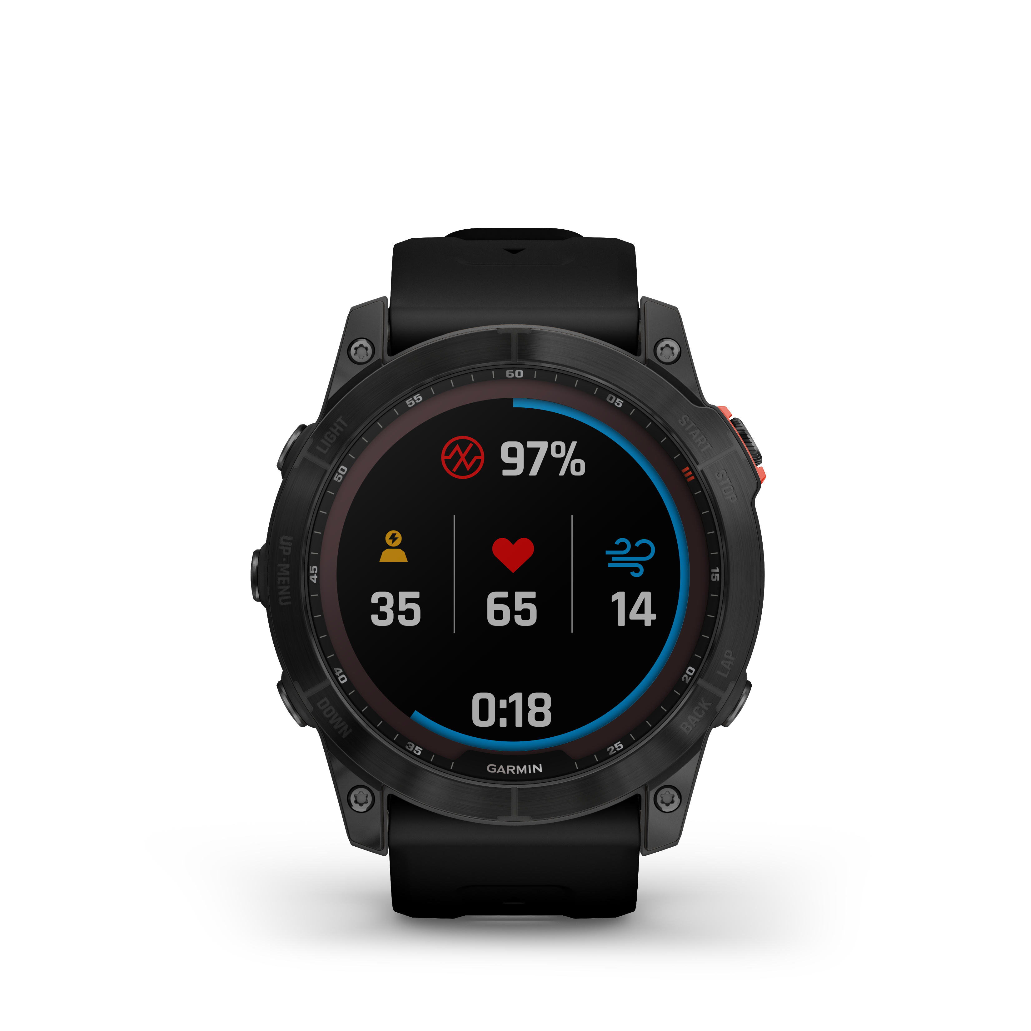 Eine schwarze Garmin-Uhr, die Herzfrequenz, Schritte und andere Gesundheitsdaten anzeigt. Der Bildschirm zeigt 97% Akku.
