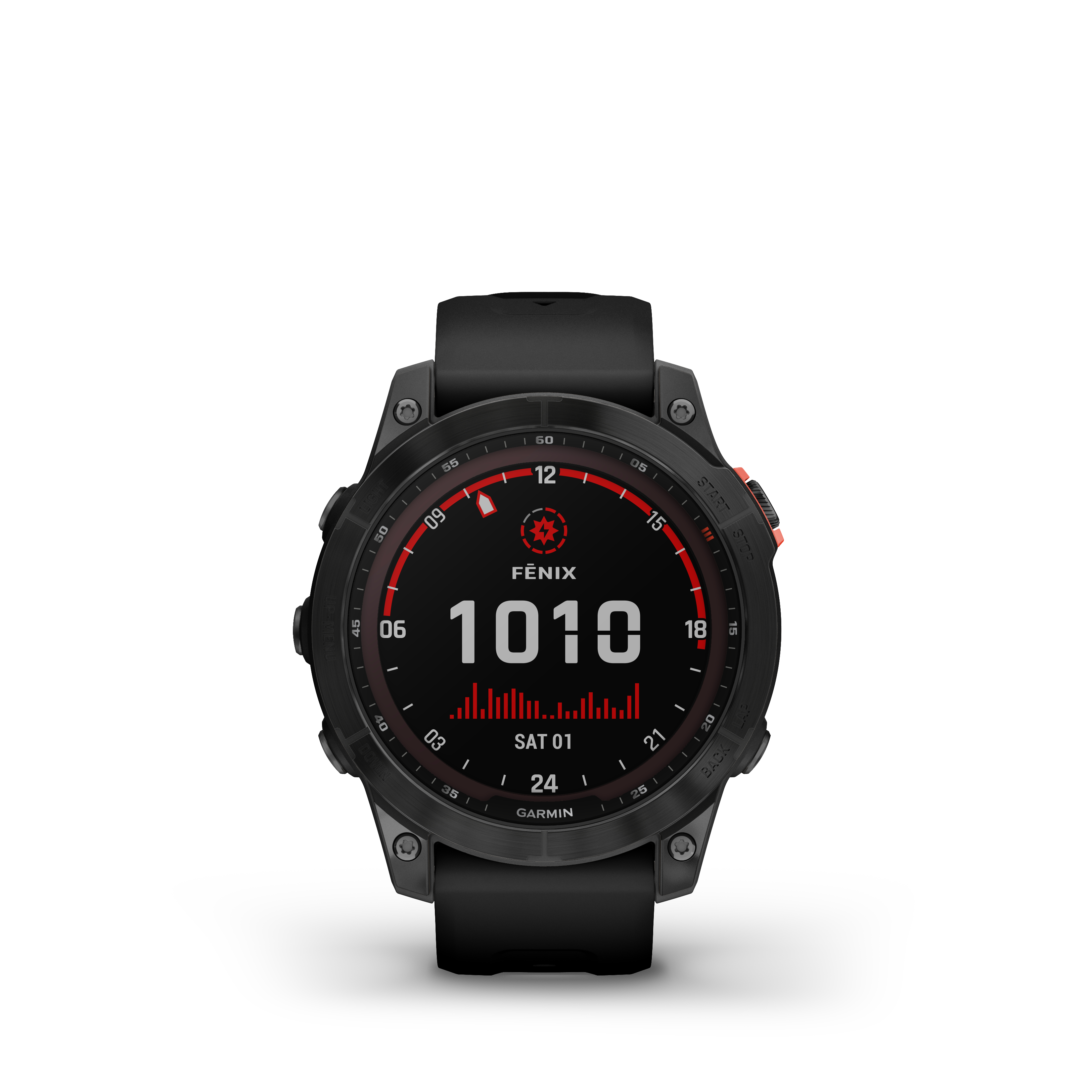 Garmin Fenix-Uhr mit schwarzem Armband und roten Akzenten, zeigt Uhrzeit und Datum.