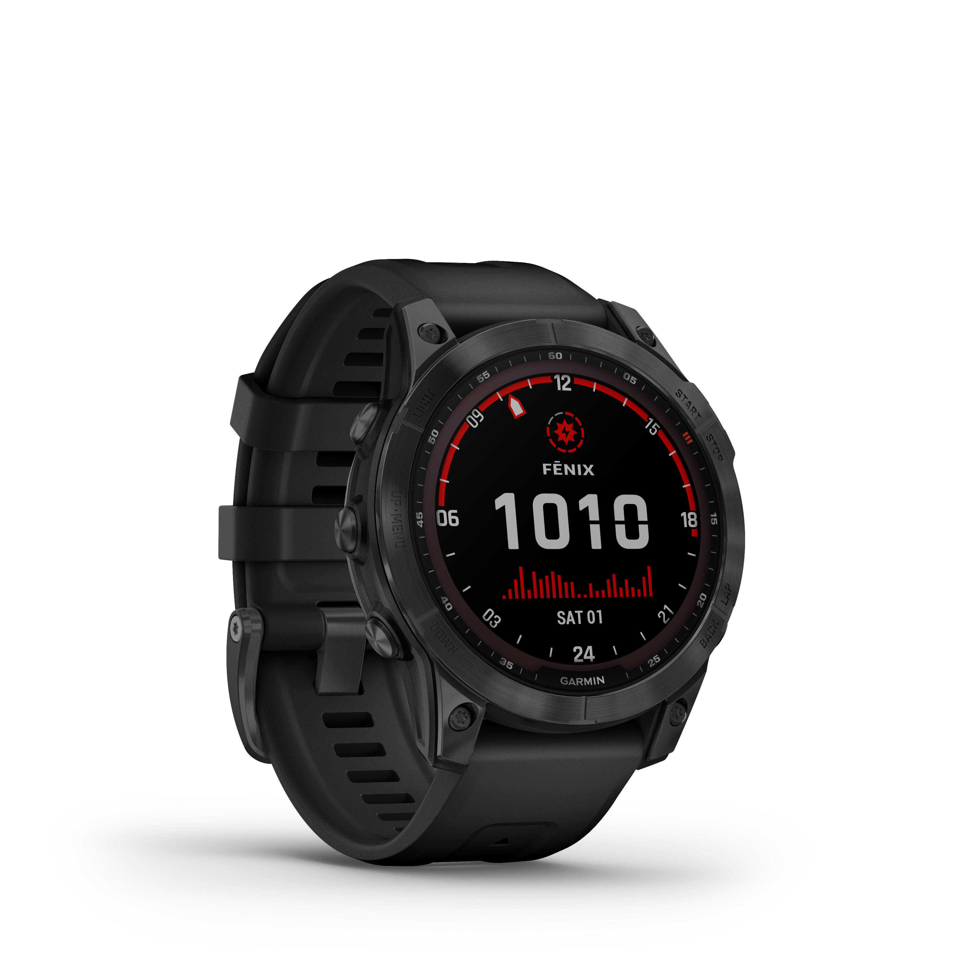 Schwarze Garmin Fenix Smartwatch, zeigt Zeit, Daten und ein rotes Diagramm.