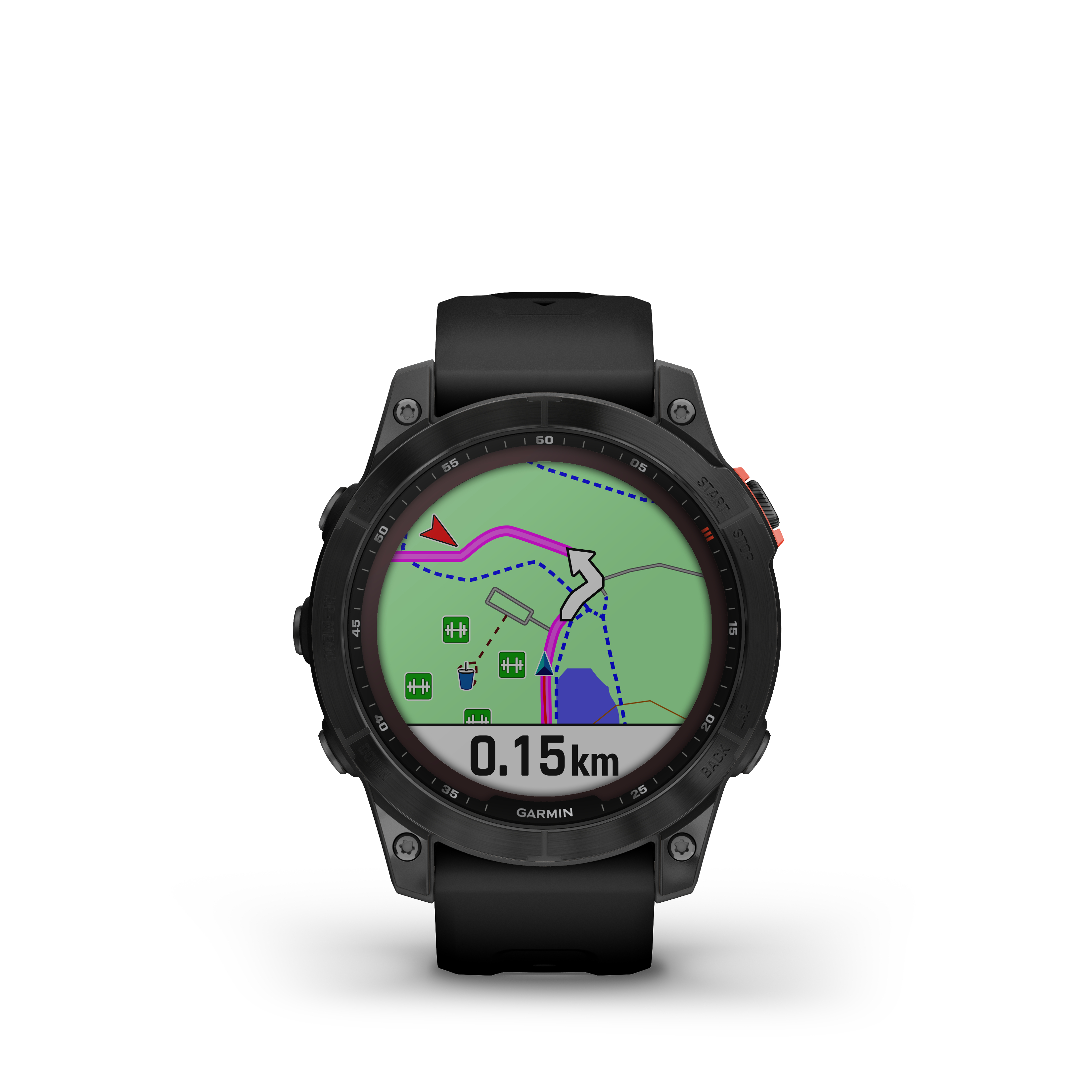Schwarze Garmin-Uhr mit Kartenanzeige, die eine Laufstrecke zeigt, isoliert auf Weiß.