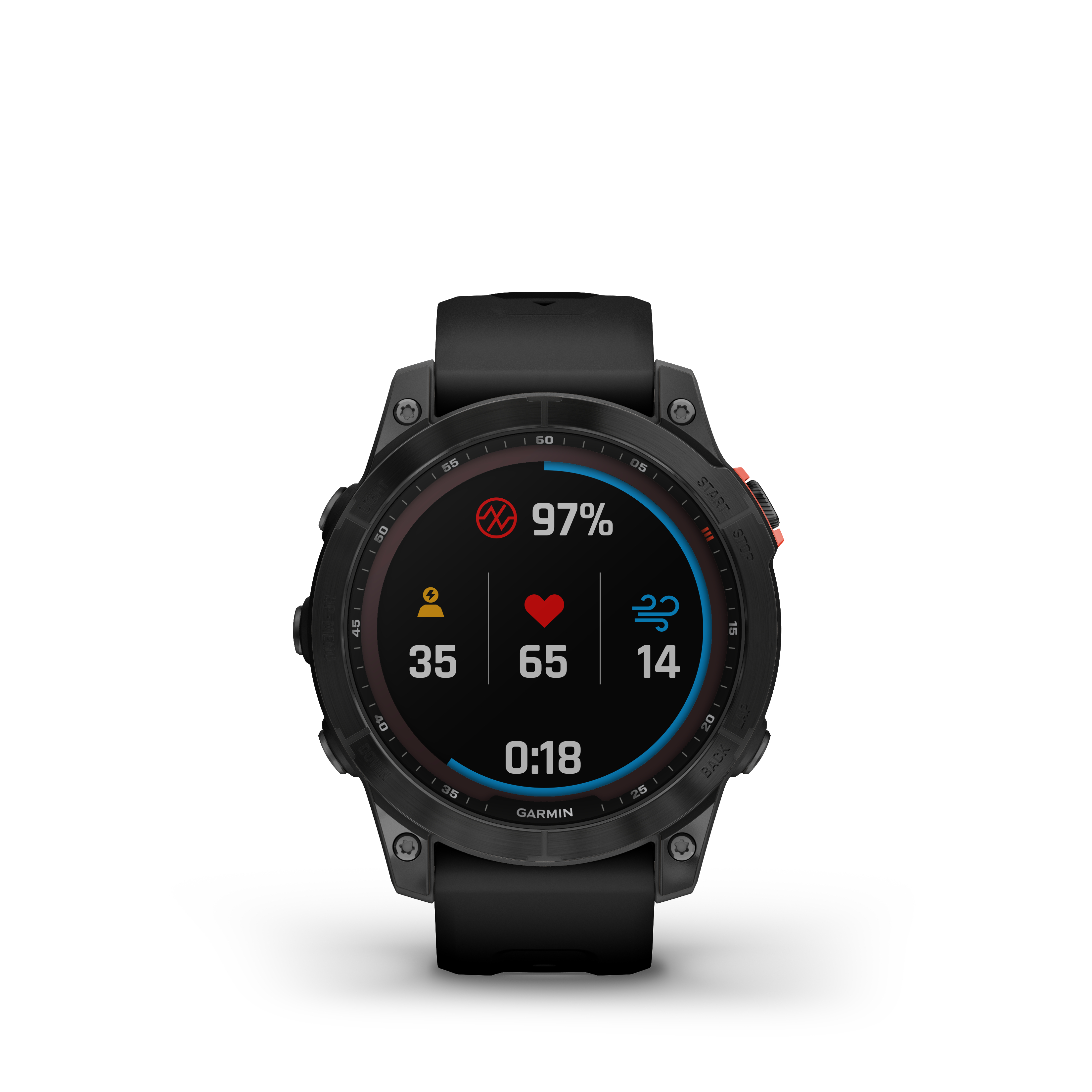 Schwarze Smartwatch, die Daten anzeigt. Es zeigt eine Herzfrequenz von 65 und eine aktuelle Uhrzeit von 0:18 an.