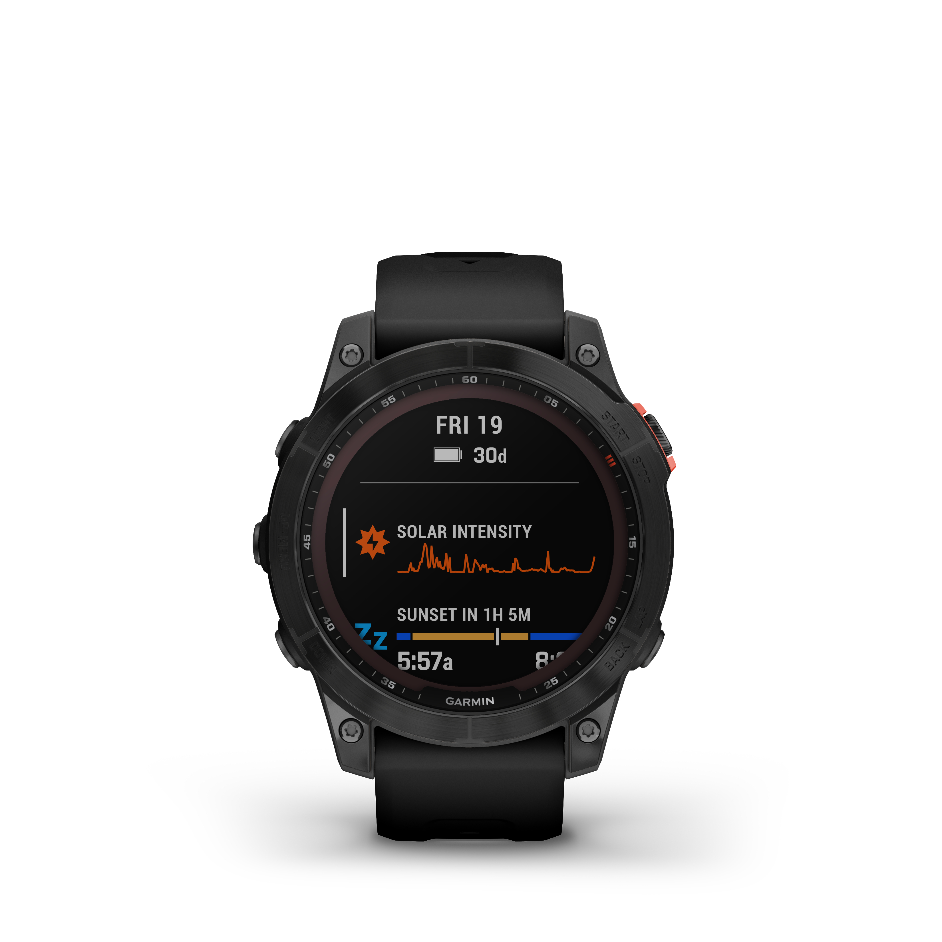 Schwarze Garmin Smartwatch mit Anzeige von Zeit, Sonnenintensität und Sonnenuntergang.
