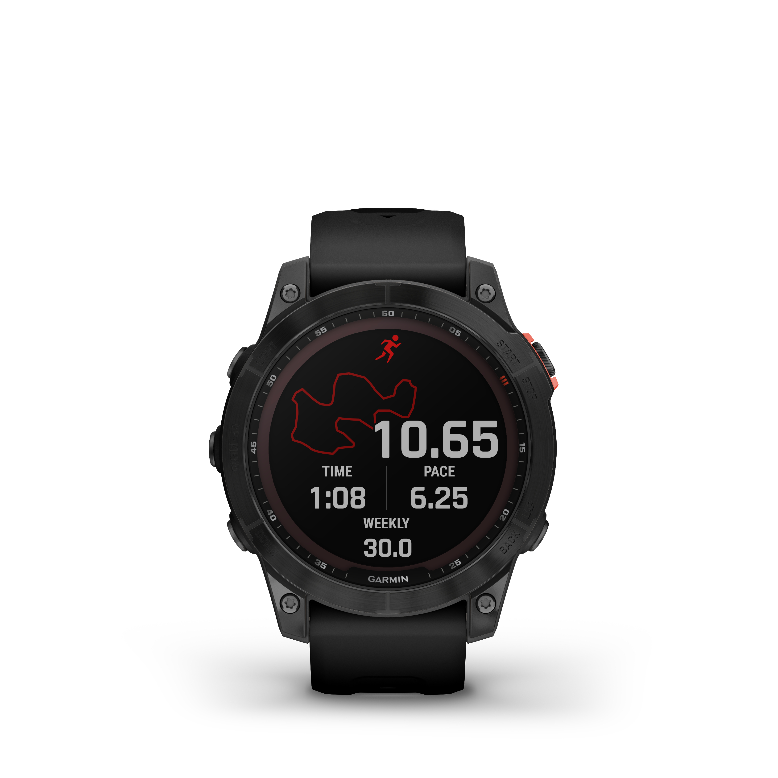 Schwarze Smartwatch zeigt Zeit, Tempo und Distanz. Ein rotes Läufer-Symbol ist auf dem Zifferblatt.