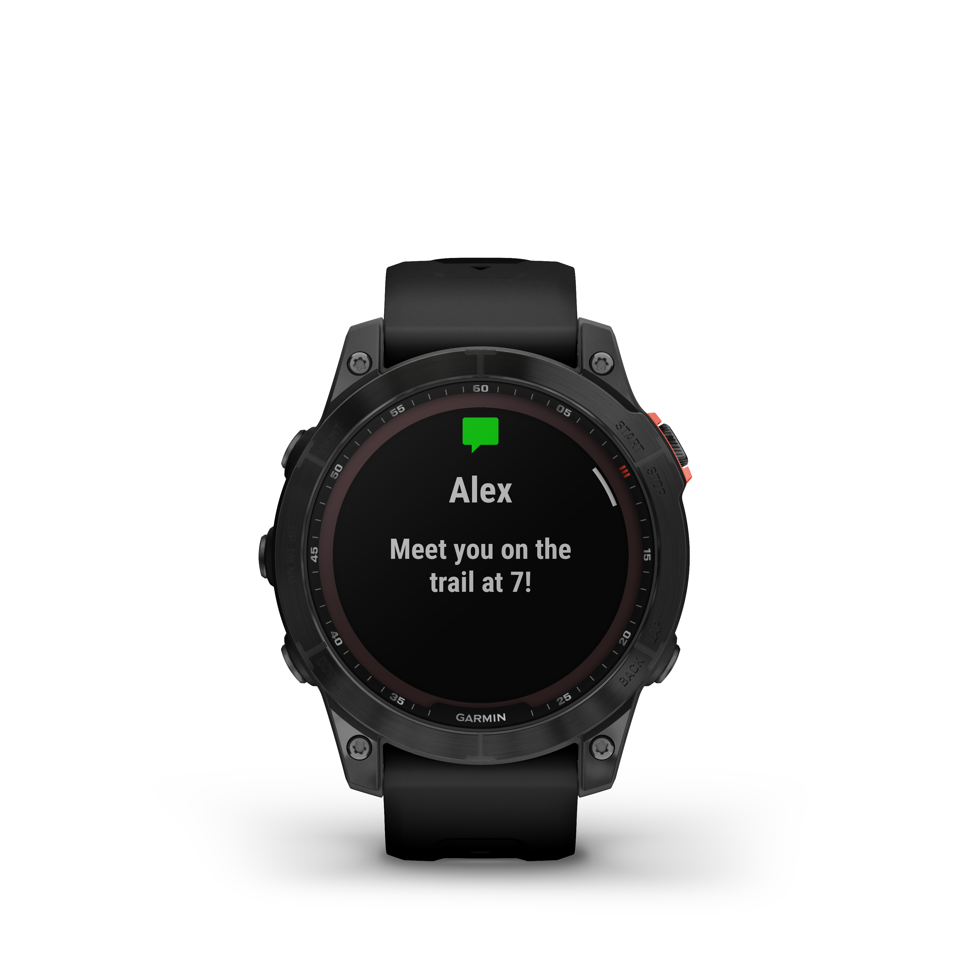 Schwarze Garmin Smartwatch mit Textnachricht auf Weiß.