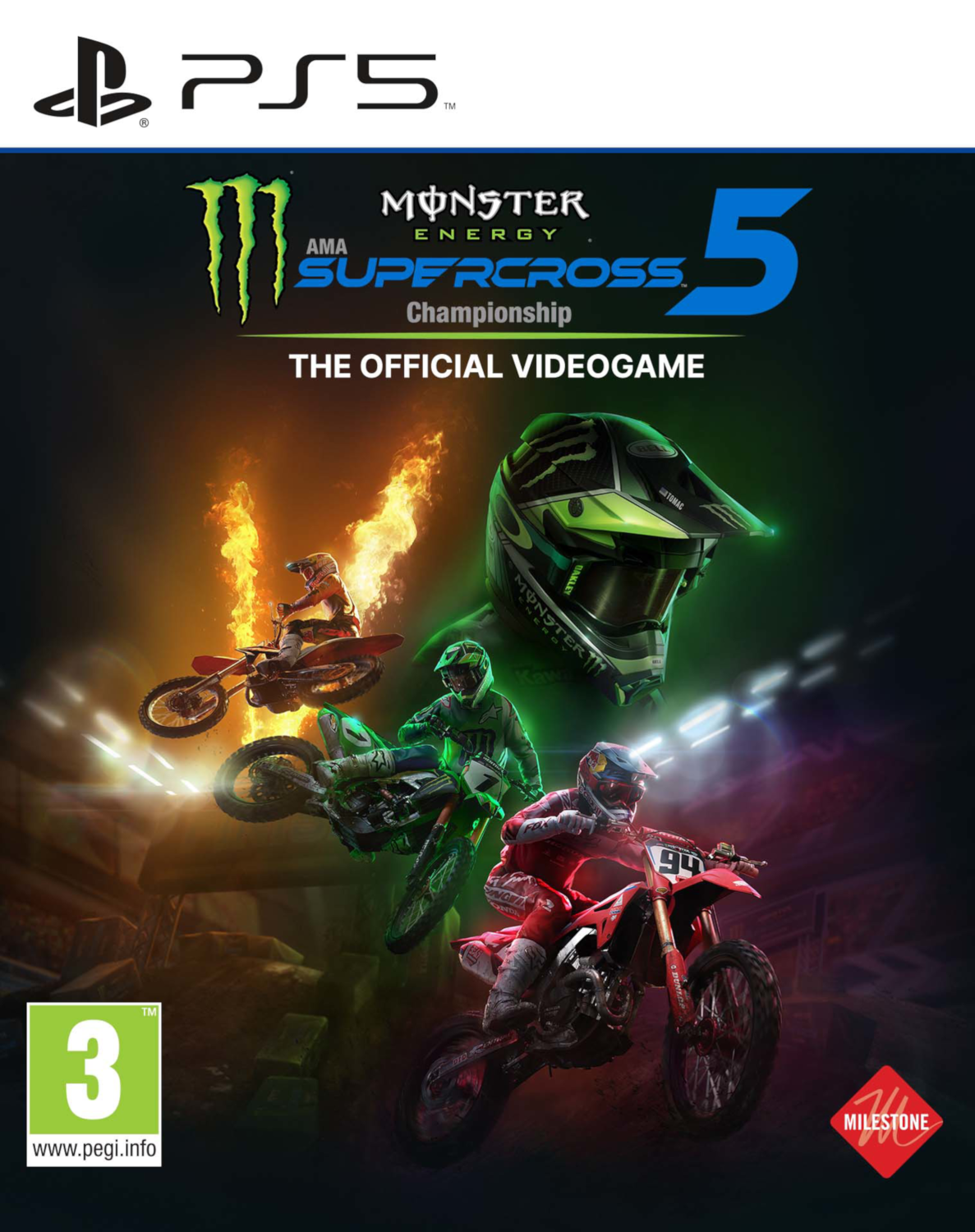 Gamecover voor Monster Energy Supercross 5. Rijders op motoren springen en racen. PS5-logo.