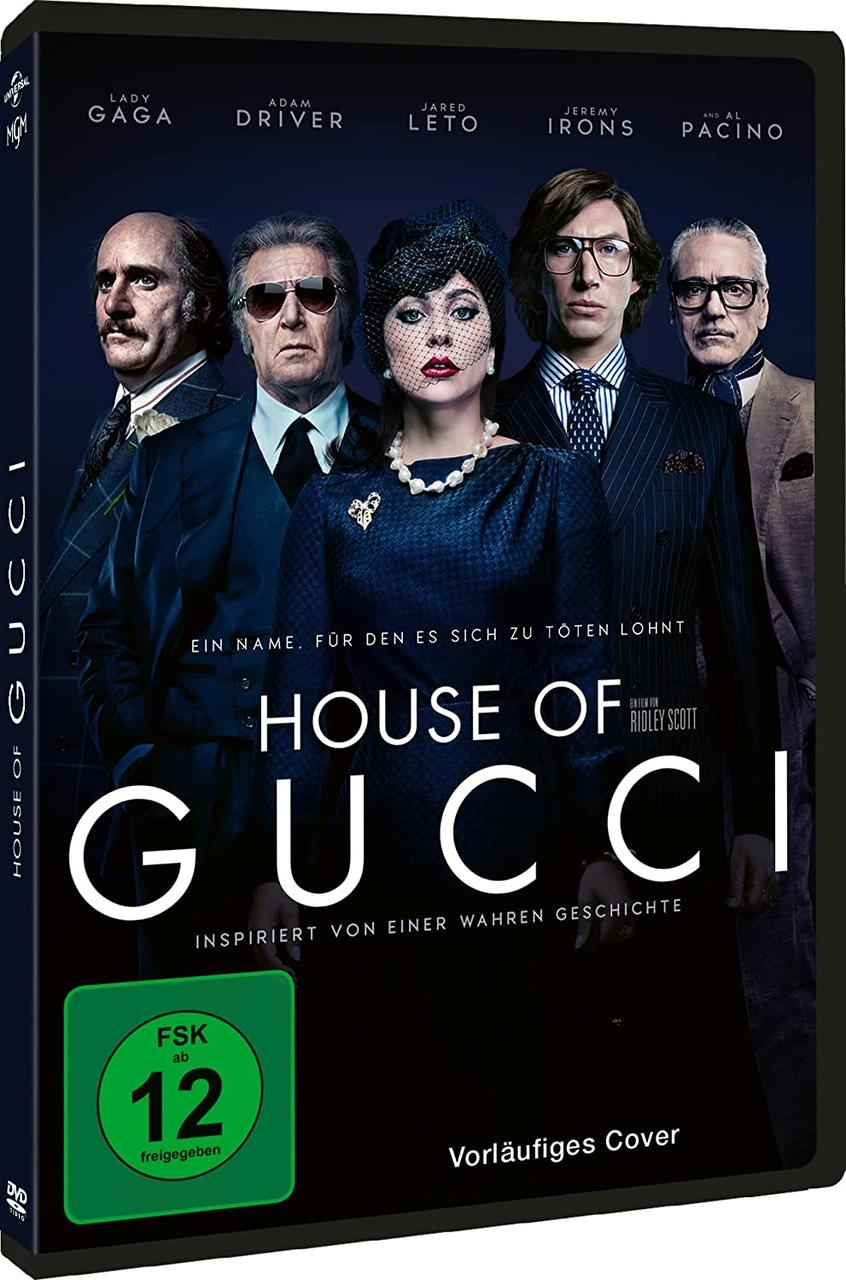 DVD-Cover von House of Gucci. Schauspielergesichter und Filmtitel.