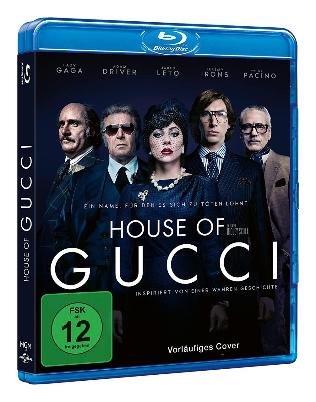 Blu-ray-Cover von 'House of Gucci' mit Lady Gaga und Adam Driver im Fokus.