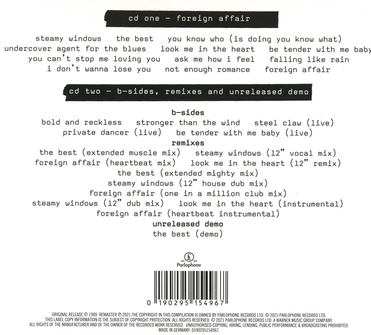 Rückseite einer CD mit Text, der Songs und einen Barcode auflistet.