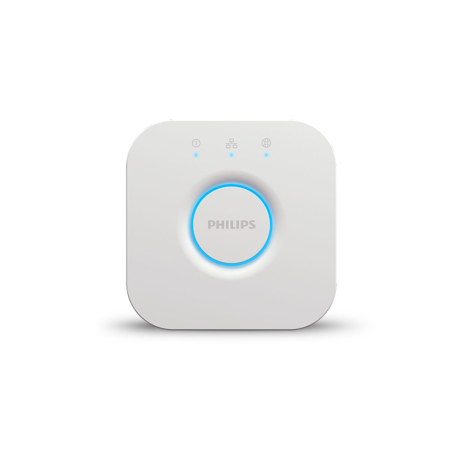 Philips Hue Bridge blanca, dispositivo cuadrado con luz azul.