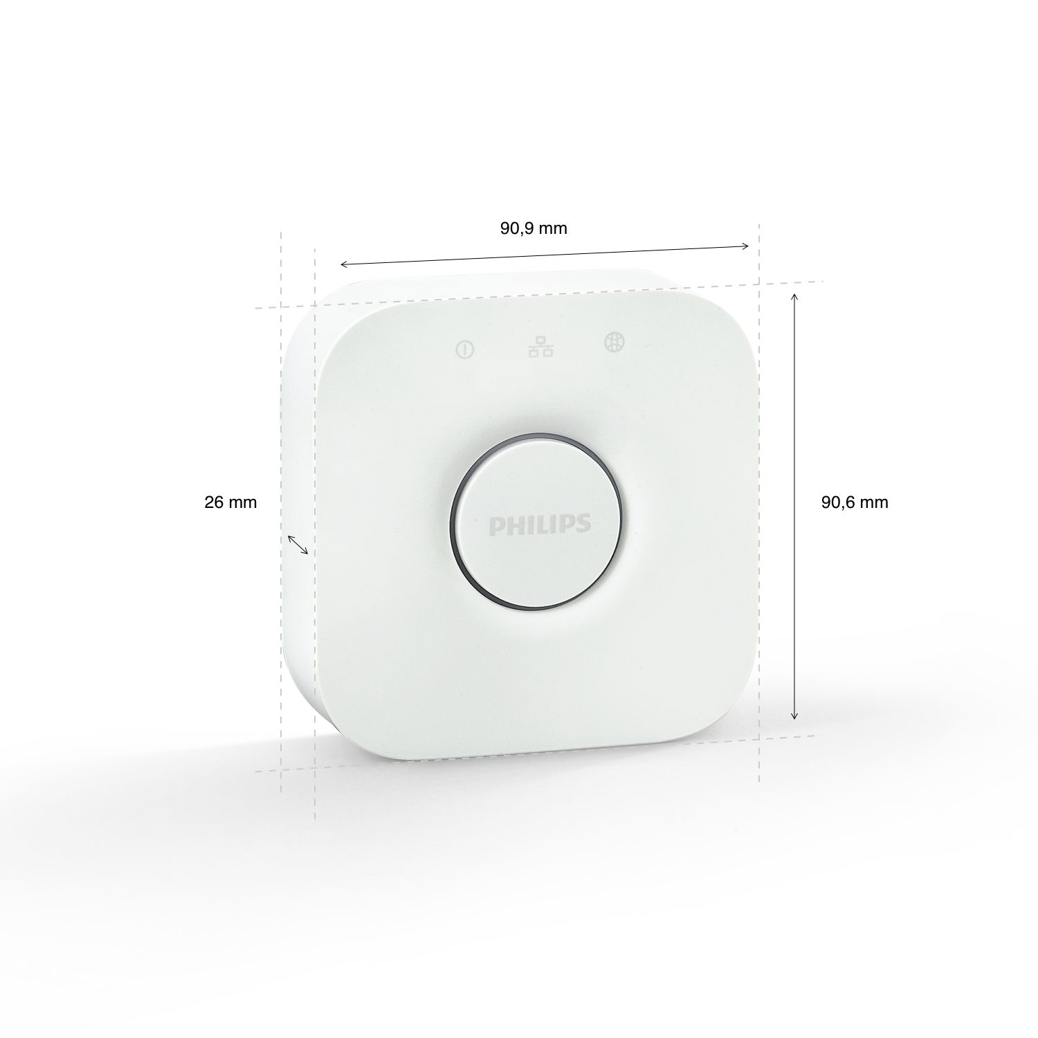 Un dispositivo Philips Hue Bridge blanco, con dimensiones y fondo blanco.