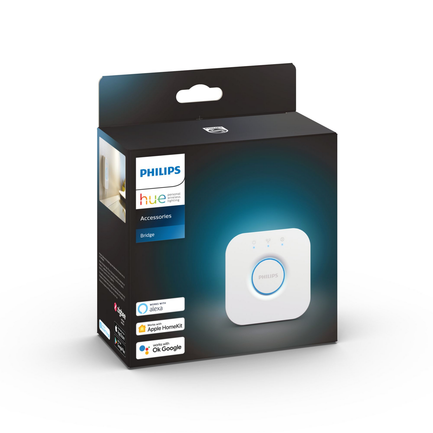 Caja del Philips Hue Bridge. La caja es blanca con un fondo degradado azul, mostrando el dispositivo.