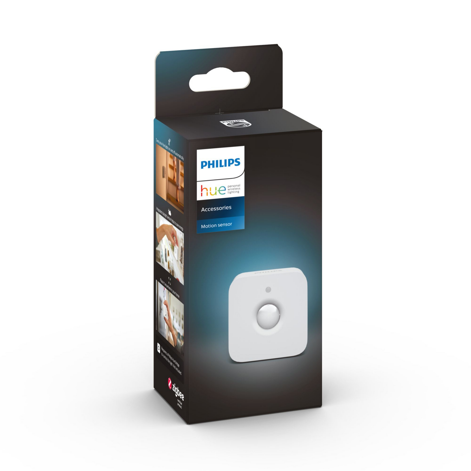 Sensor de movimiento Philips Hue blanco en su embalaje negro.