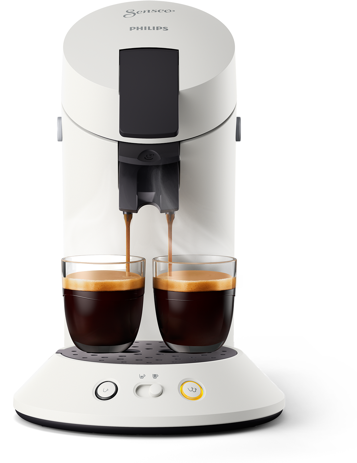 A white Senseo coffee machine is dispensing coffee into two glass cups.