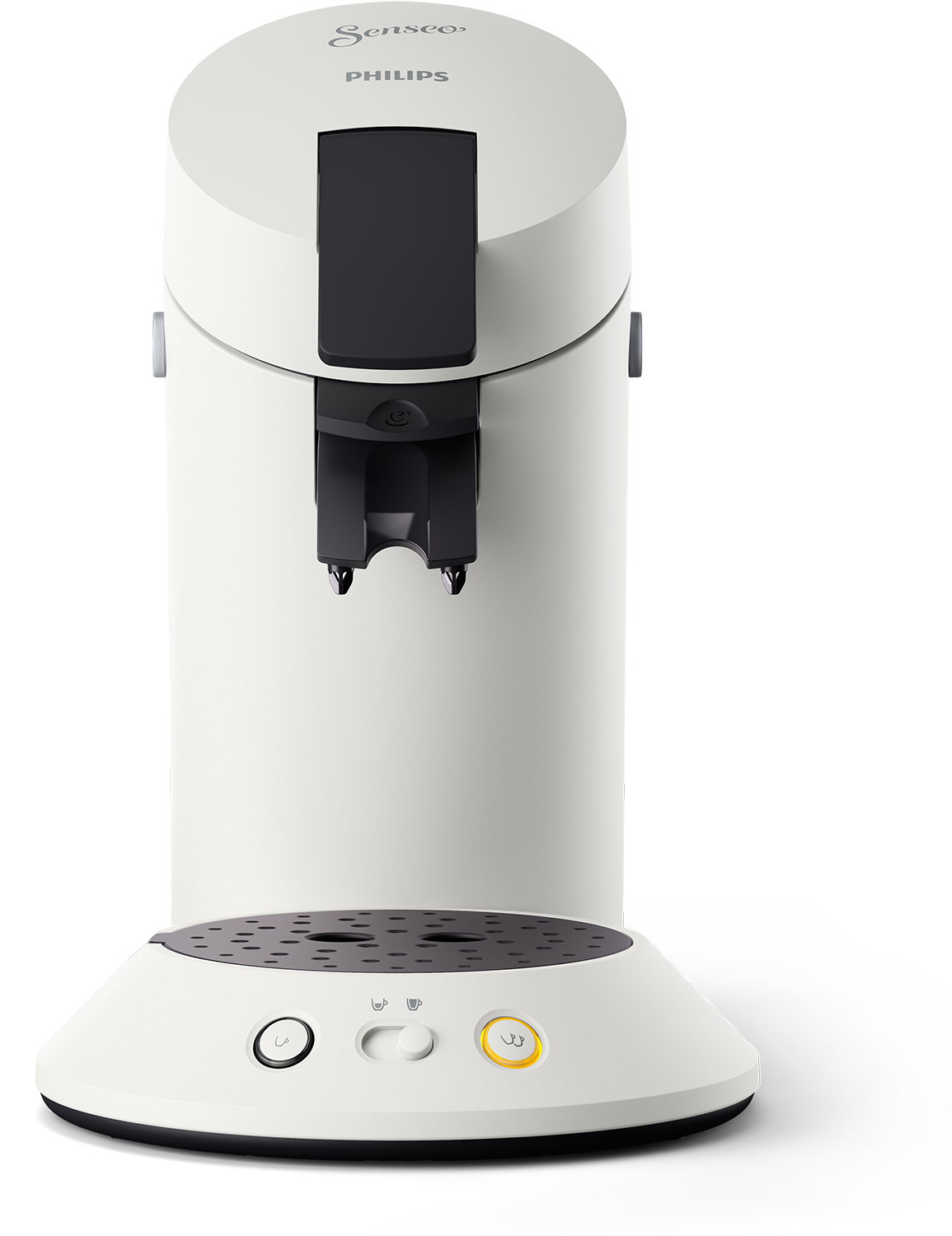 White and black coffee machine on a white surface.