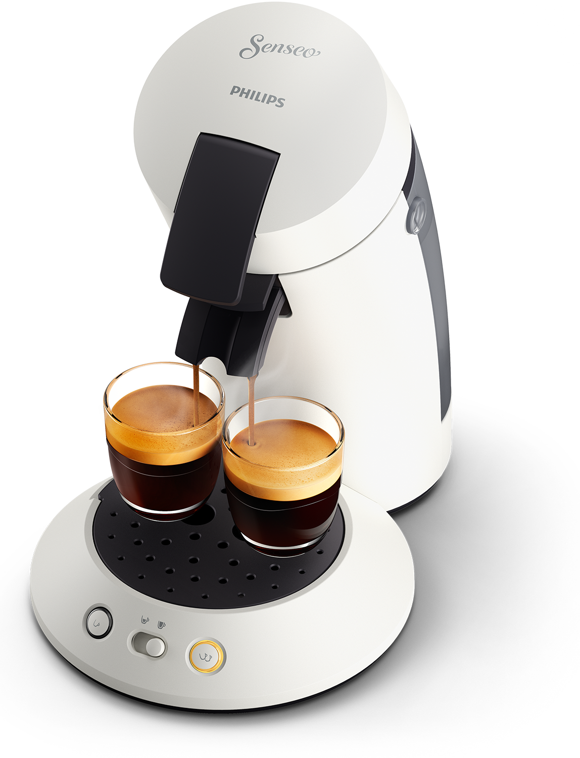 White Senseo coffee machine with two cups of coffee being dispensed.